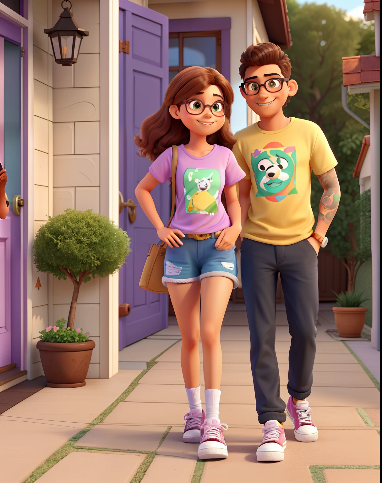 Disney Pixar style illustration with vibrant colors, textures and high quality of a very happy couple in their new home. He is a Brazilian man who has a short beard, wears black glasses, has a slightly large nose and short straight hair in a fade style, has a tattoo on his left arm and is wearing a black t-shirt and Vans sneakers. She is a Brazilian woman, tanned skin, straight and long brown hair, wearing pastel lilac all-star sneakers. They are in front of their new house, the house has a modern and cozy decor, with a garage in front of the house. A German Shepherd dog with golden or caramel hair, green eyes and a red snout plays.