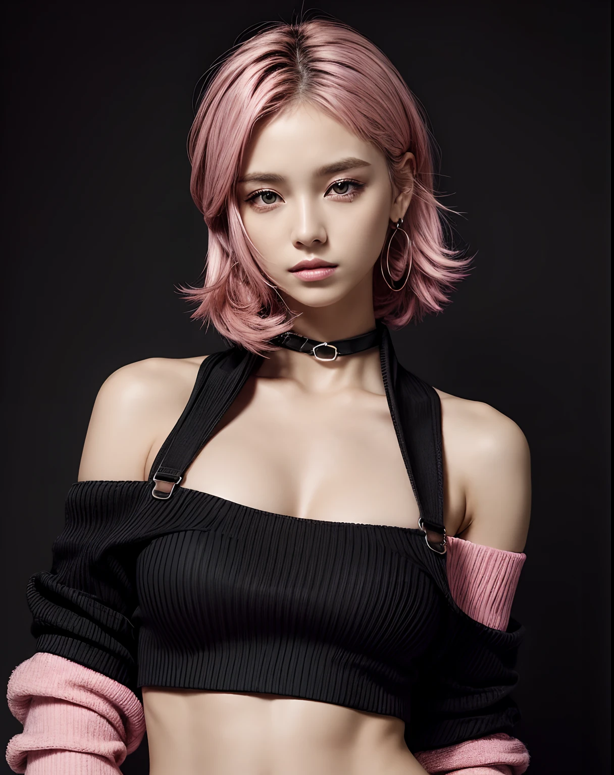 BREAK (pink theme:1.4), (vivid colors:1.3), (pink sweater:1.4), (long-sleeve:1.3), ((off shoulder, navel, stomach):1.3),
BREAK (black theme:1.3), ((black oversized pants, black baggy pants):1.3), (black choker:1.2), (earrings:1.2), (lace-up boots:1.1),