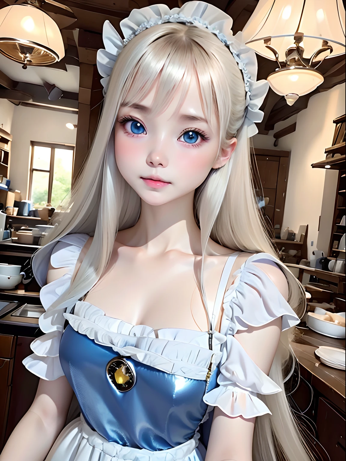 top-quality、超A high resolution、a picture、a photo of a cute girl、Detailed cute and beautiful face、(pureerosface_v1:0.008)、Beautiful bangs、alice in the wonderland、years、White shiny skin、bangss、Platinum Blonde Super Long Straight Silky Hair、finer hair、Attractive beautiful crystal clear big blue eyes、White Apron、a blue dress、without makeup