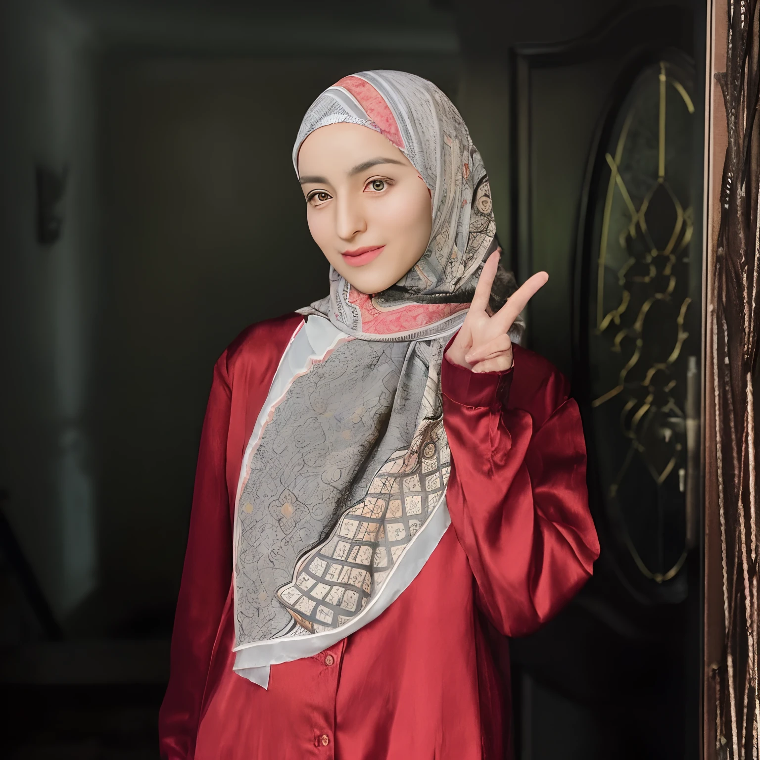there is a woman in a red dress and a scarf, inspired by Nazmi Ziya Güran, inspired by Fathi Hassan, dilraba dilmurat, inspired by Naza, inspired by Shaddy Safadi, inspired by Maryam Hashemi, red scarf, inspired by Altoon Sultan, inspired by Basuki Abdullah, hijab