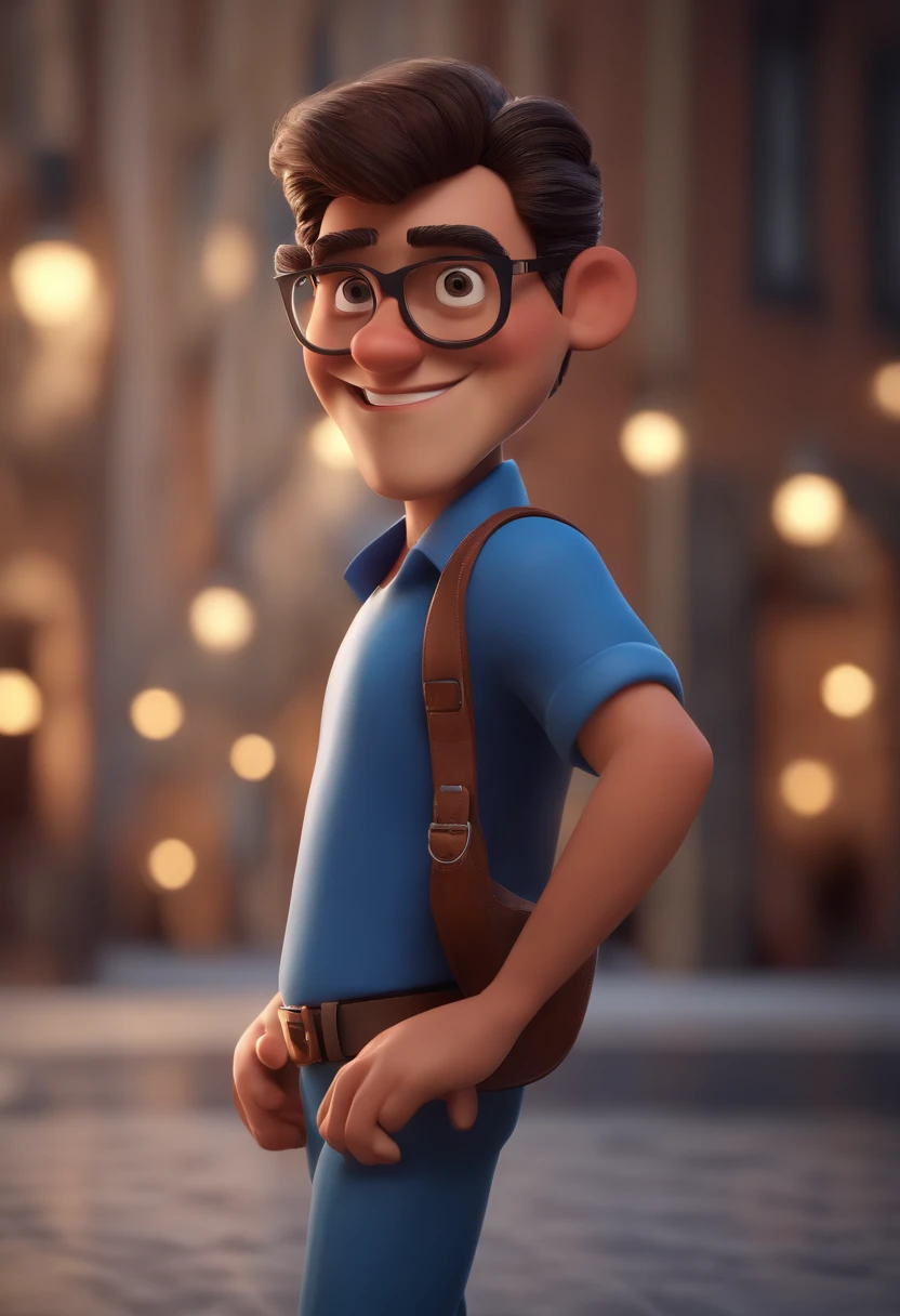 Cartoon character of a man with black glasses and a blue shirt, animation character, Caractere estilizado, animation style rendering, 3D estilizado, Arnold Maya render, 3 d render stylized, toon render keyshot, Personagem 3D, Personagem 3D, 3d rendering stylized, 3 d character render, personagem de desenho animado, Personagem de close up, Pose de personagem,  (Estilo Pixar) (master part:1.2) (Bokeh) (best quality) (pele detalhada) (textura detalhada) (8k) (argila) (Cinematic lighting) (foco nítido
