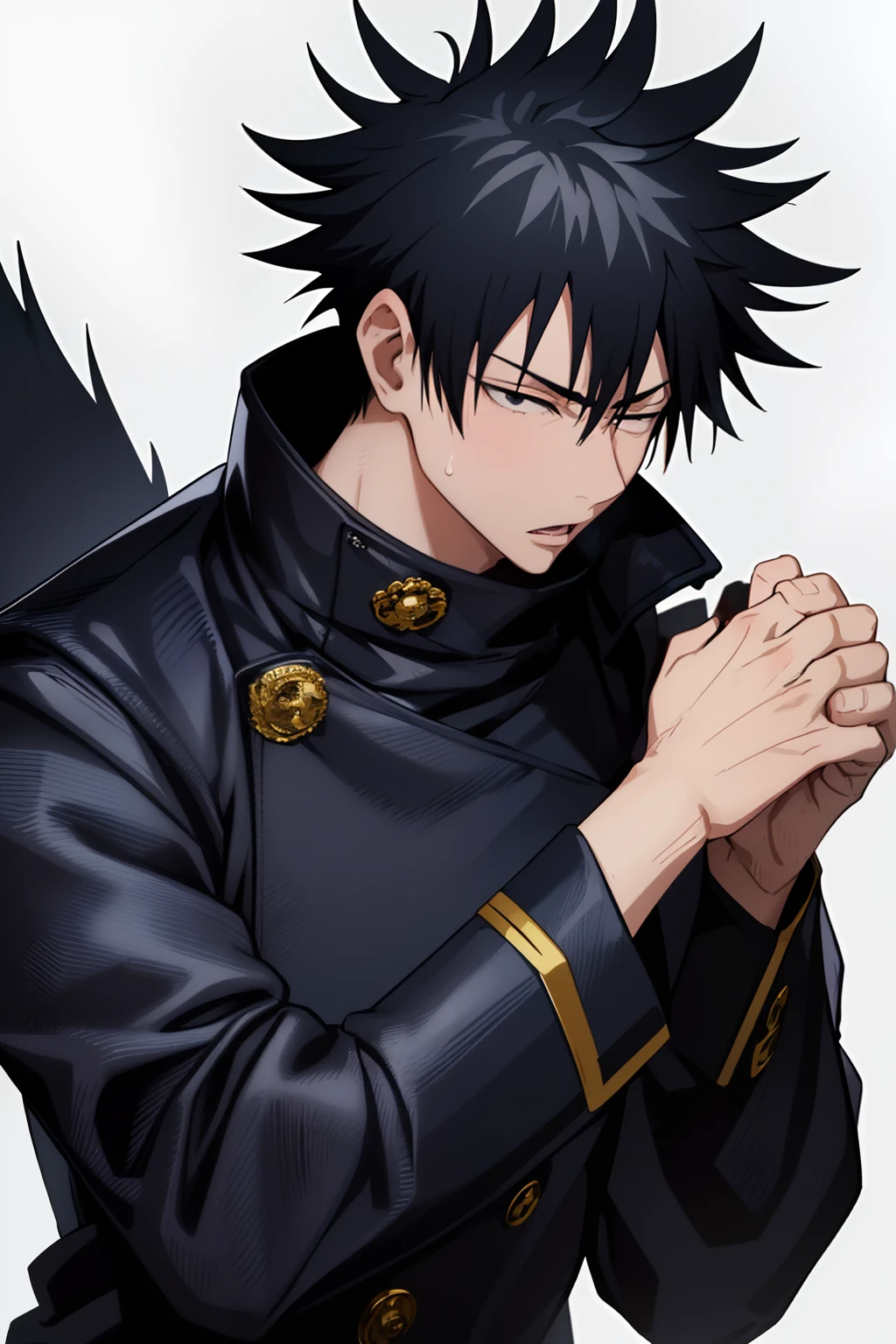 巨作, Best Quality, highs quality, 1boy, 独奏, male focus, looking at the scenes, Upper body, Fushiguro_Megumi, Black hair, spiked hair, Black Eyes, jacket, High collar, Realism