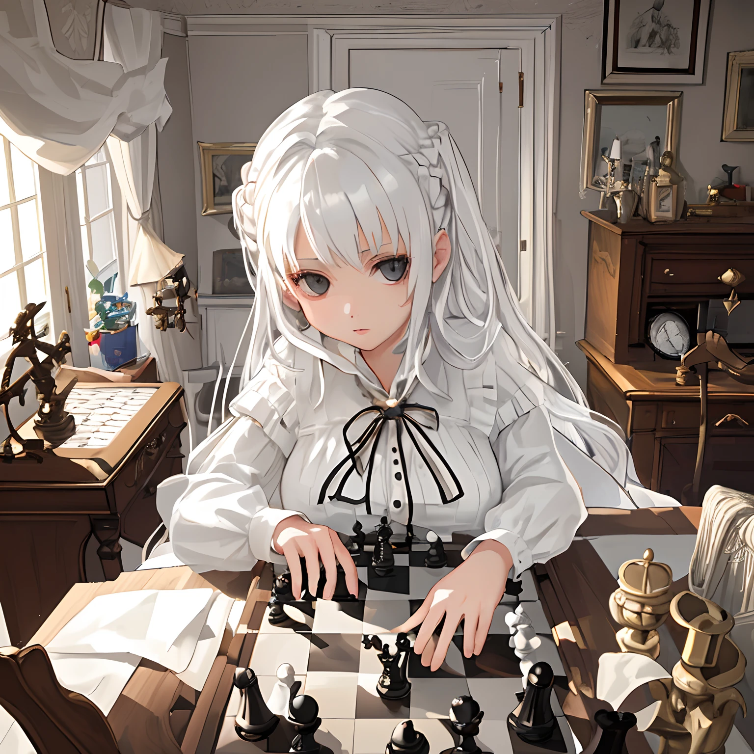 Girl with extermly large and exposed Brest,in her bedroom,Playing chess on her desk,white dress,white hair