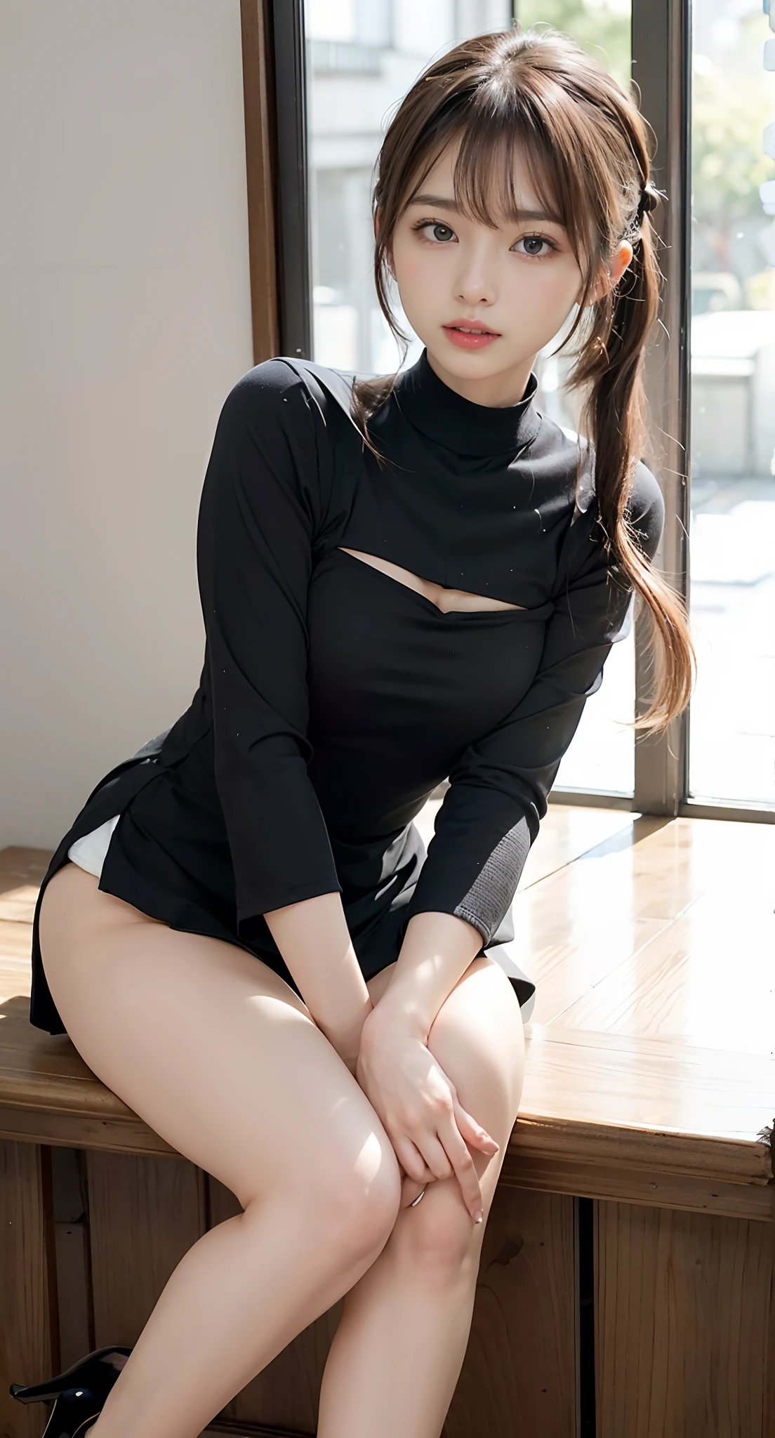 (((Look away,poneyTail、Mouth ajar))),(((((Mock Neck Top、high-heels))))),((at the library、Reading a book))、masutepiece, 1girl in, best qualtiy, Ultra Detail, (shiny), (Small)、(((with blush cheeks,))),Ray tracing,Perfect Lighting, (milky skin:1.2),reflection, up looking_で_viewer, blush, yellow_Eyes, Japan's cutest 28-year-old beautiful girl、Small ribbons in the hair、Contrast Legs