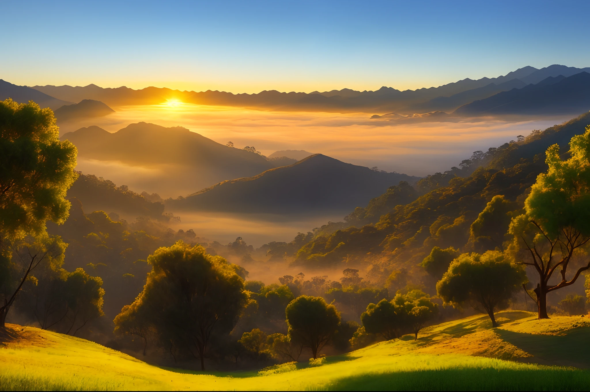 Morning orange grove Sunrise There are mists, streams, mountains.