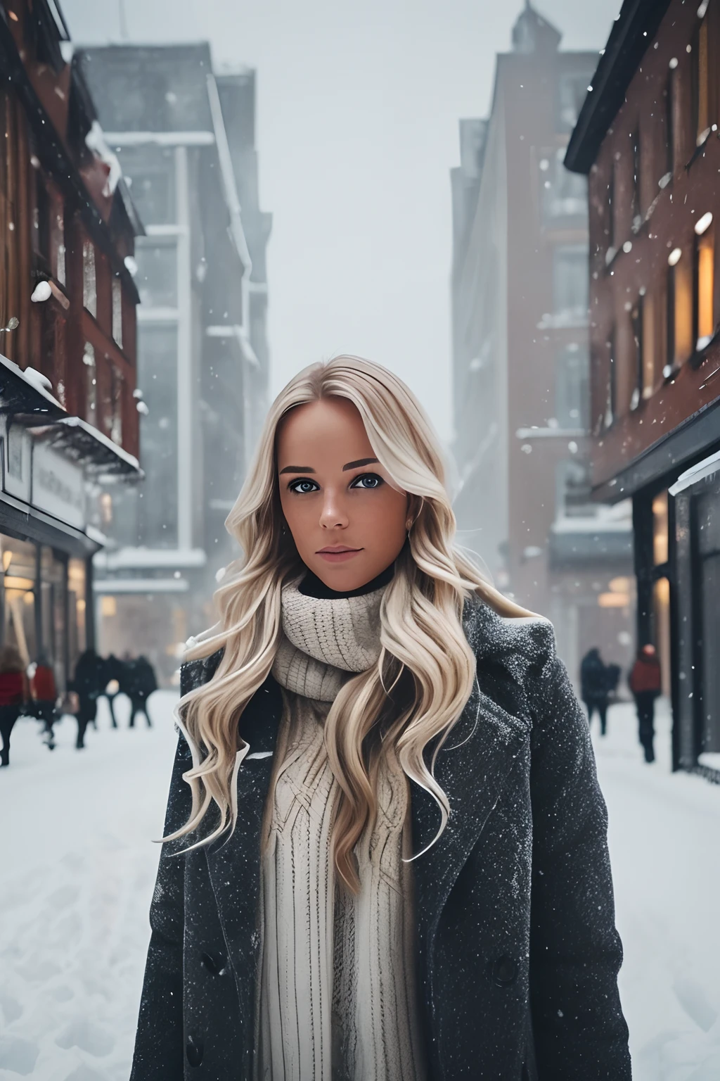 Professional FULL BODY PHOTO, photo of a beautiful Norwegian girl in winter clothes with long wavy blonde hair, ((sexy and sexy expression)), freckles, beautiful symmetrical face, cute natural makeup, ((standing outside the snowy city streets)), stunning modern urban upscale environment, conceptual art, elegant, highly detailed, intricate, clear focus, depth of field, f/1. 8, 85mm, medium, medium, (centered image composition), (professional color grading), (bright soft diffuse light)), volumetric fog, trend on Instagram, trend on tumblr, hdr 4k, 8k
