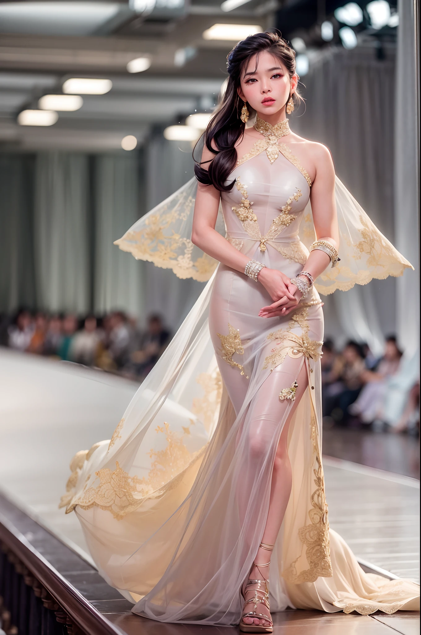 Make a scene,Let a young one, Delicate Asian models slide down the runway of the fashion stage. The soft, The dim light highlighted her every move, Accentuates the cream color, She wears dresses with intricate designs. When she walks, Her whole body exudes beauty and confidence, Attract everyone who gazes at her."
