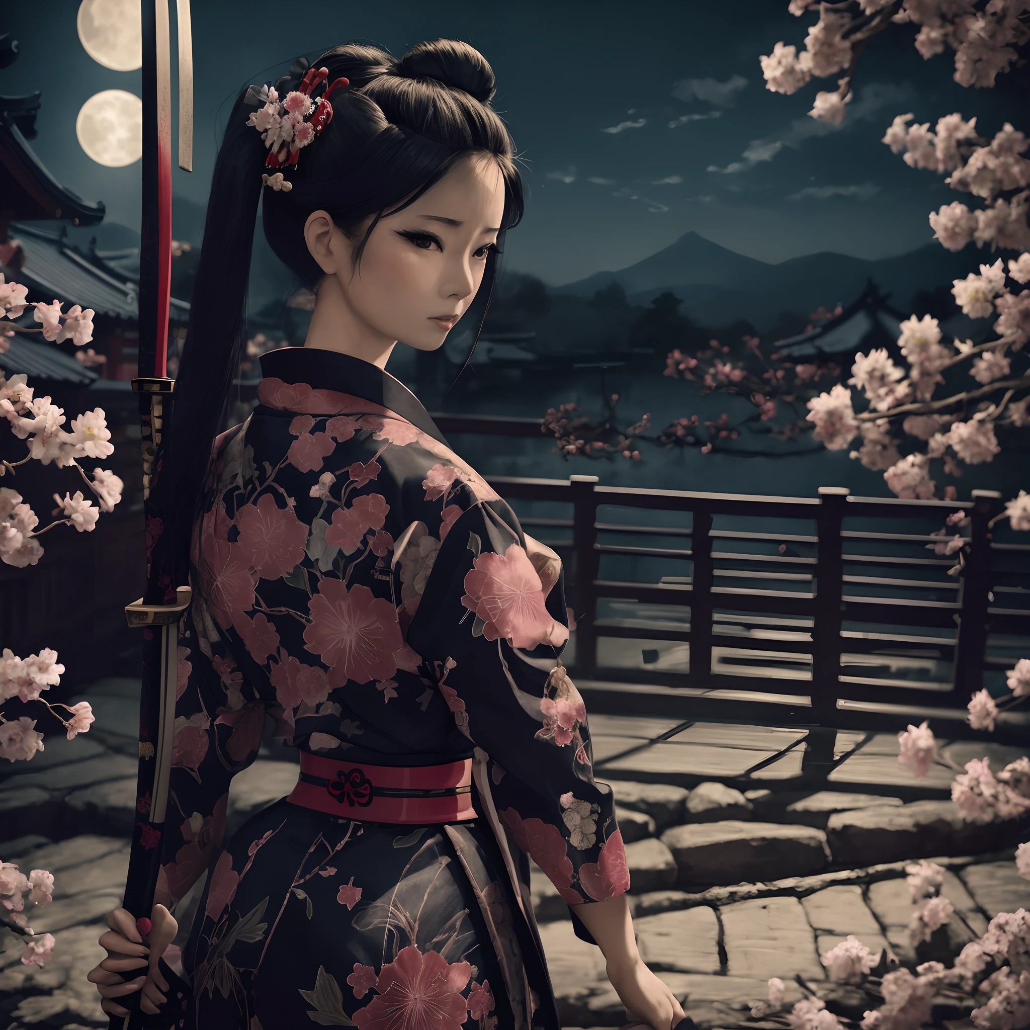 arafed woman in a kimono dress standing in front of a tree, portrait shot, geisha photo portrait, beauty geisha, portrait of a beautiful geisha, very beautiful cyberpunk samurai, beautiful oriental woman, portrait of mulan, inspired by Chen Yifei, glamorous and sexy geisha, she is holding a katana sword, female samurai