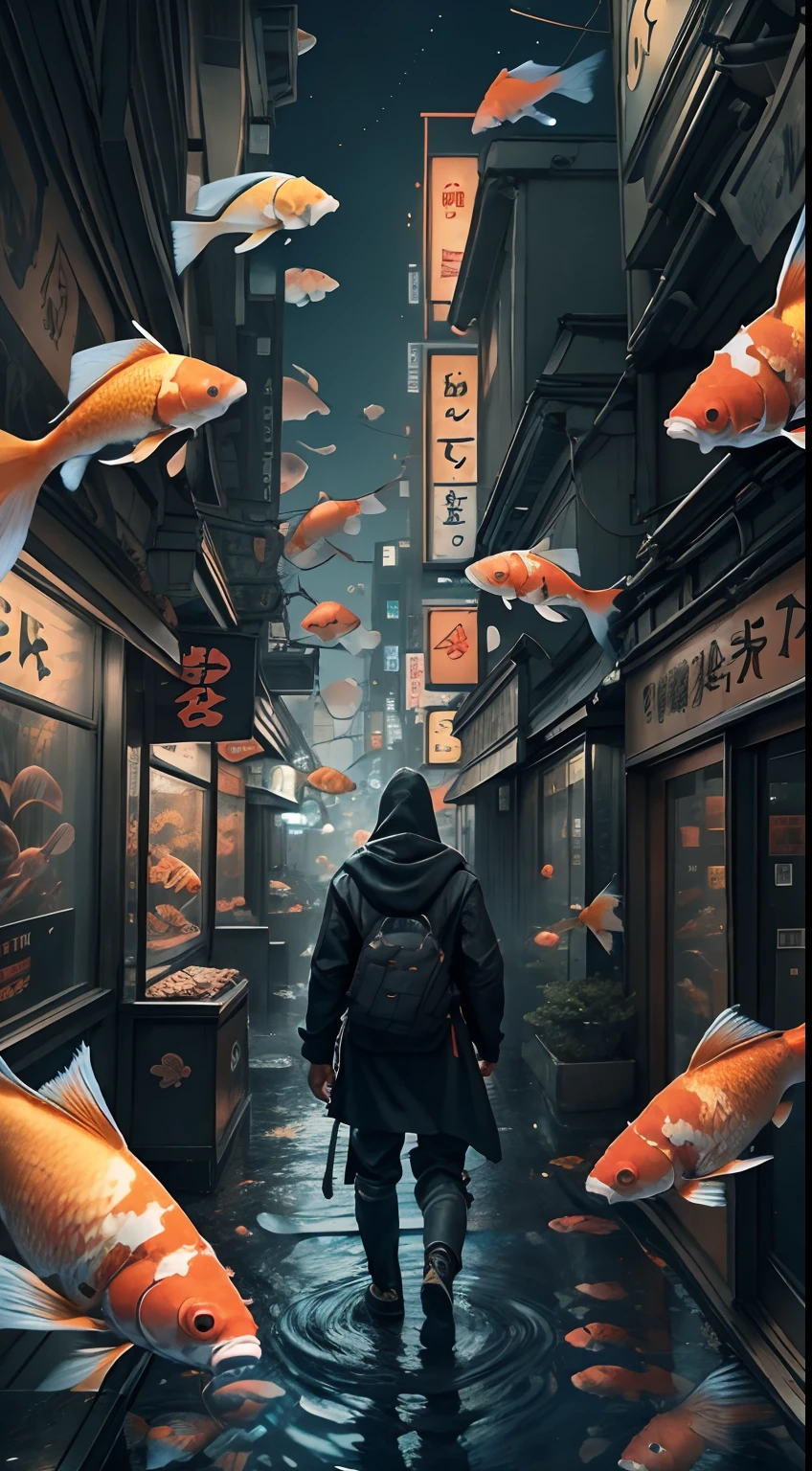 (masterpiece), best quality, hooded man in a city at night, misteryous,tokyo at night, looking to the side, neon bilboards, tall buildinds, fish, gold-fish, reef-fish, koi-fish, cinematic, surrounded by fishs, surrealism,crazy, professional image, intricate, detailed, epic,night, cinematic digital artwork, gorgeous, a lot of fishs, the image transmit a misteryous feeling, the impossible made possible, a surreal night, dream like image, perfect lighting, cinematic shadow, (perfect scenery), a intricate visual masterpiece