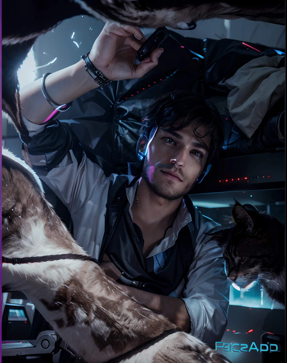 Cyberpunk handsome boy ultra realistic with cat, --v4
