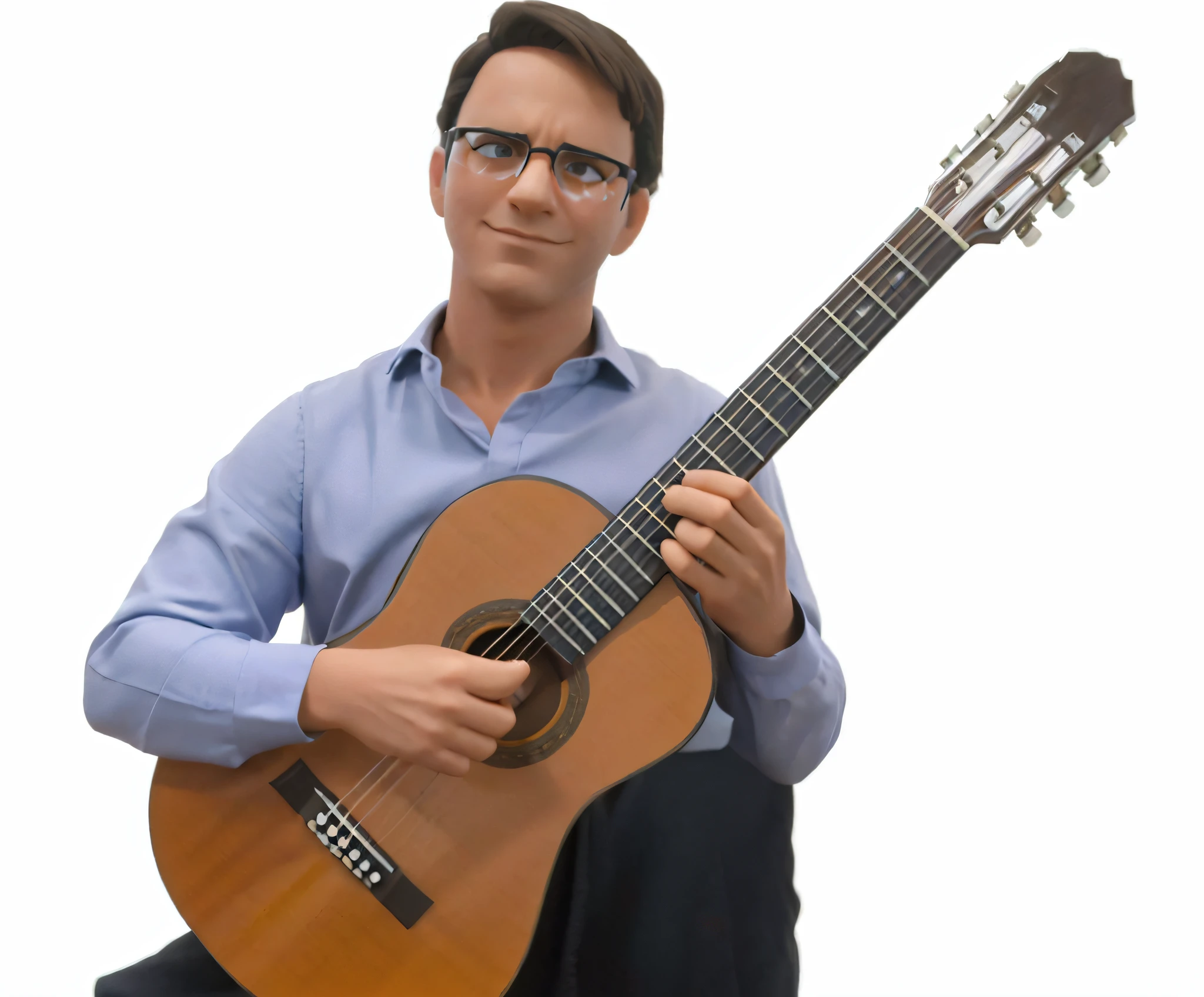 Homem branco, playing classical guitar, Wearing black glasses without bottom edge, uma camisa azul de manga comprida, sentado em um banco de piano ao centro do palco de um teatro, In the classic Disney Pixar cartoon posture, alta qualidade, melhor qualidade caractere estilizado, animation style rendering, 3D estilizado, 3d stylized rendering, toon render keyshot, Personagem 3D, Personagem 3D, 3d rendering stylized, 3 d character render, personagem de desenho animado, Personagem de close up, Pose de personagem, (Estilo Pixar) (master part:1.2) (Bokeh) (best quality) (pele detalhada) (textura detalhada) (8k) (argila) (Cinematic lighting).