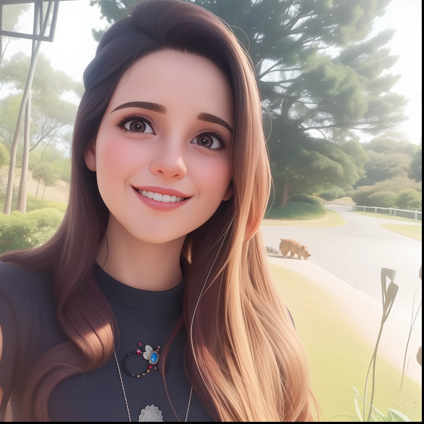 Uma mulher de 30 anos, com cabelos castanhos curtos, Rosto redondo, rosto redondo com sorriso encantador, e olhos castanhos claros, e sua cachorra labradora caramelo.
