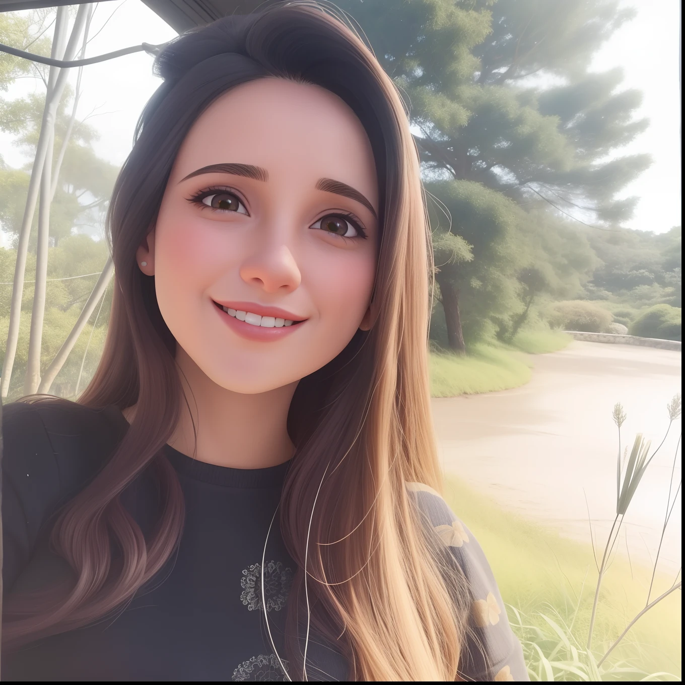 Uma mulher de 30 anos, com cabelos castanhos curtos, Rosto redondo, rosto redondo com sorriso encantador, e olhos castanhos claros, e sua cachorra labradora caramelo.