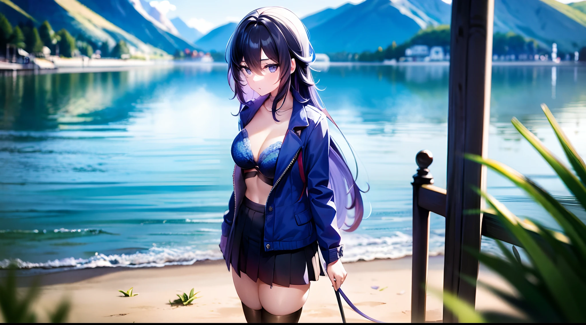 A girl, blue long hair, purple eyes, black tights, black skirt, blue jacket, red bra, lake, standing