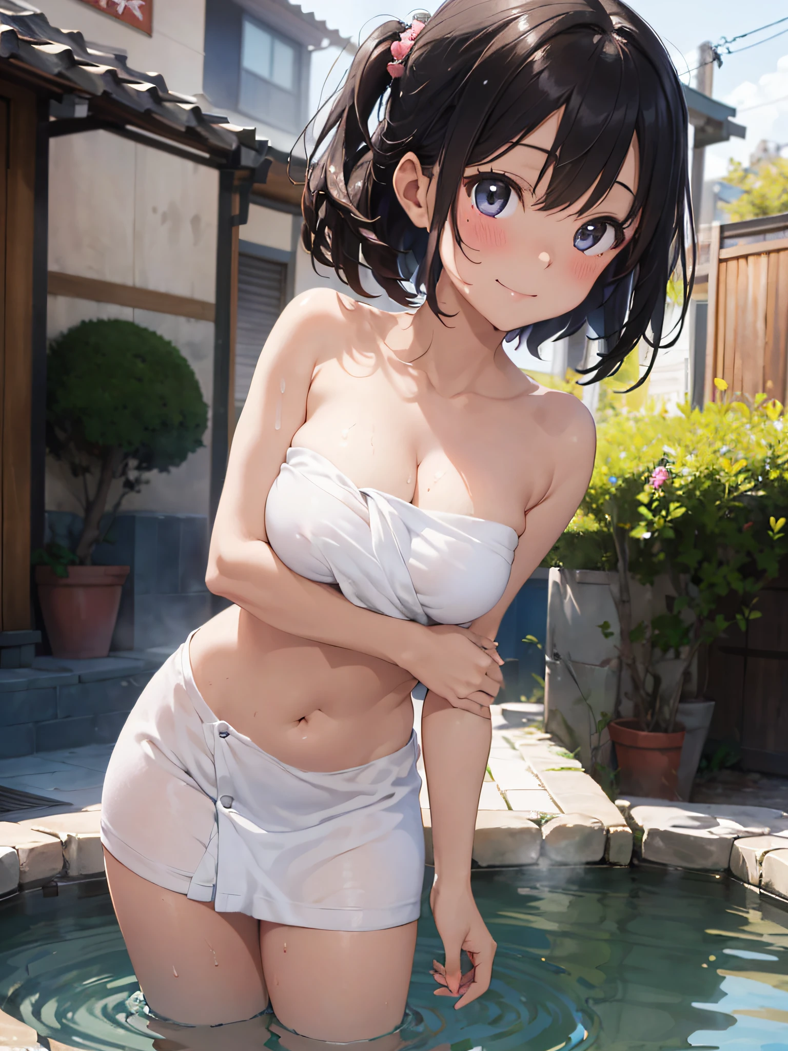 (masterpiece:2.0), (top-quality:2.0), (standing naked in the hot spring:1.5), (white Tube top extremely short bath towel:1.5), (super sexypose:1.5), (blushed face:1.5), (hide crotch with hand:1.4), (hide chest with hand:1.4), (Spilling boobs:1.5), (realistic:1.5), under the boobs, side boob is visible, naked, 1 little girl, precise small hands, Embarrassed look, light smile, Look at me and smile, extremely cute girl, innocent face, young face, Clear eyes, Shining eyes, small breast, shoulder is visible, Tummy is visible, cleavage of the breast is visible, stomach is visible, the lower abdomen is visible, The buttocks is visible, The crotch is visible, No pubic hair, dynamic posing, The beautiful skin, ultra-definition, Top resolution, japan high school student, brown hair