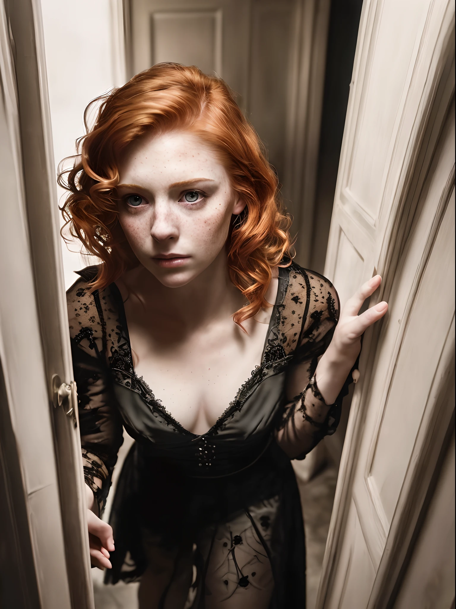Realistic, photorealistic, RAW photo, ultra detailed, cinematic lighting, (pre-focused), (Darkness: 1.6), the night is dark and full of horrors, cute woman, standing in doorway, she leaves but turns around to say goodbye, most detailed cute face, cute sexy look, short ginger hair, freckles, short black skirt, spot lighting, deep shadow, low key, low angle, masterpiece, Cinematic composition, aesthetic of classic dramatic movie, Centered image.