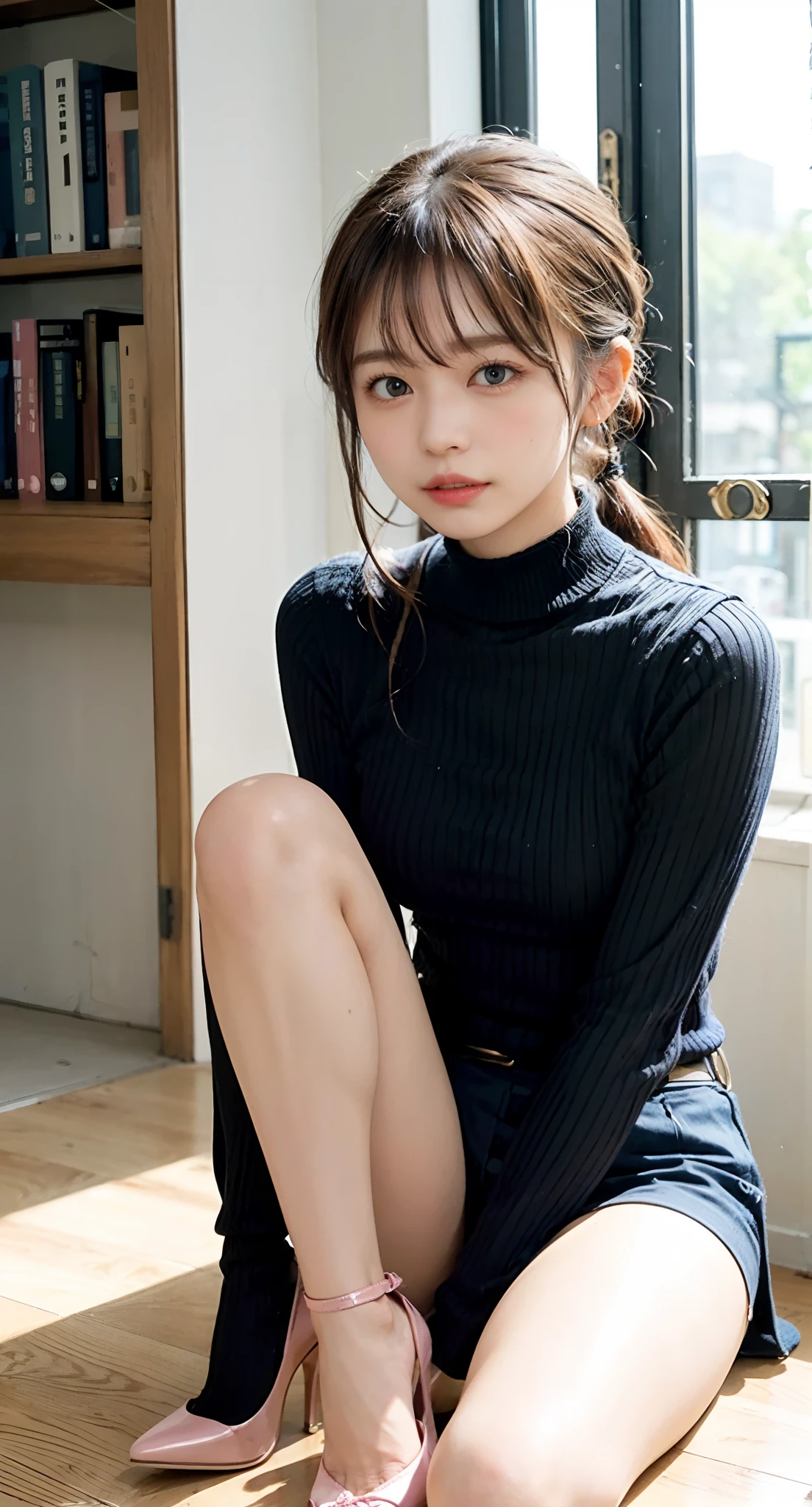 (((Look away,poneyTail、Mouth ajar))),(((((Mock Neck Top、high-heels))))),((at the library、Reading a book))、masutepiece, 1girl in, best qualtiy, Ultra Detail, (shiny), (Small)、(((with blush cheeks,))),Ray tracing,Perfect Lighting, (milky skin:1.2),reflection,  up looking_で_viewer, blush, yellow_Eyes, Japan's cutest 28-year-old beautiful girl、Small ribbons in the hair、Contrast Legs