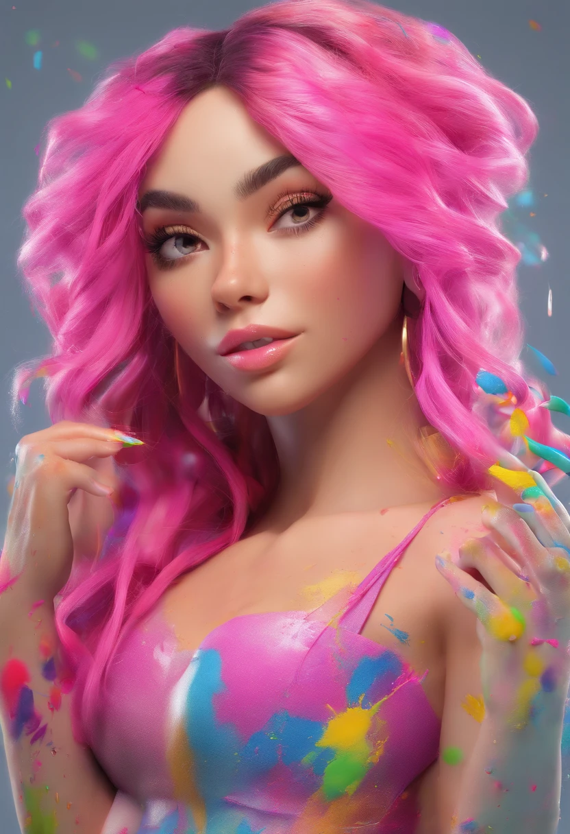(Obra-prima, melhor qualidade, alta resolução), fundo branco, ((Paint splash, Color splash, Splash of Ink, Color splash)), Sweet Brazilian Girl, Rainbow Hair, Pink Lips, Frente, Parte superior do corpo