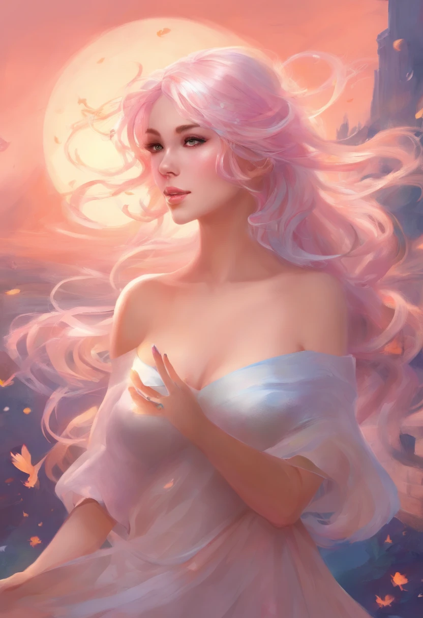 ((Masterpiece, Best)), (1girll), (Mature woman), Light pink hair, Open Chest Temptation, flared, (Office Lady), bangs, Big breasts, Glasses lady, (full), Slim, Smile, [Wide hips], Office, standing, Understood  (blue file), 8K picture quality, Sexy seduction, (Open-chest suit)