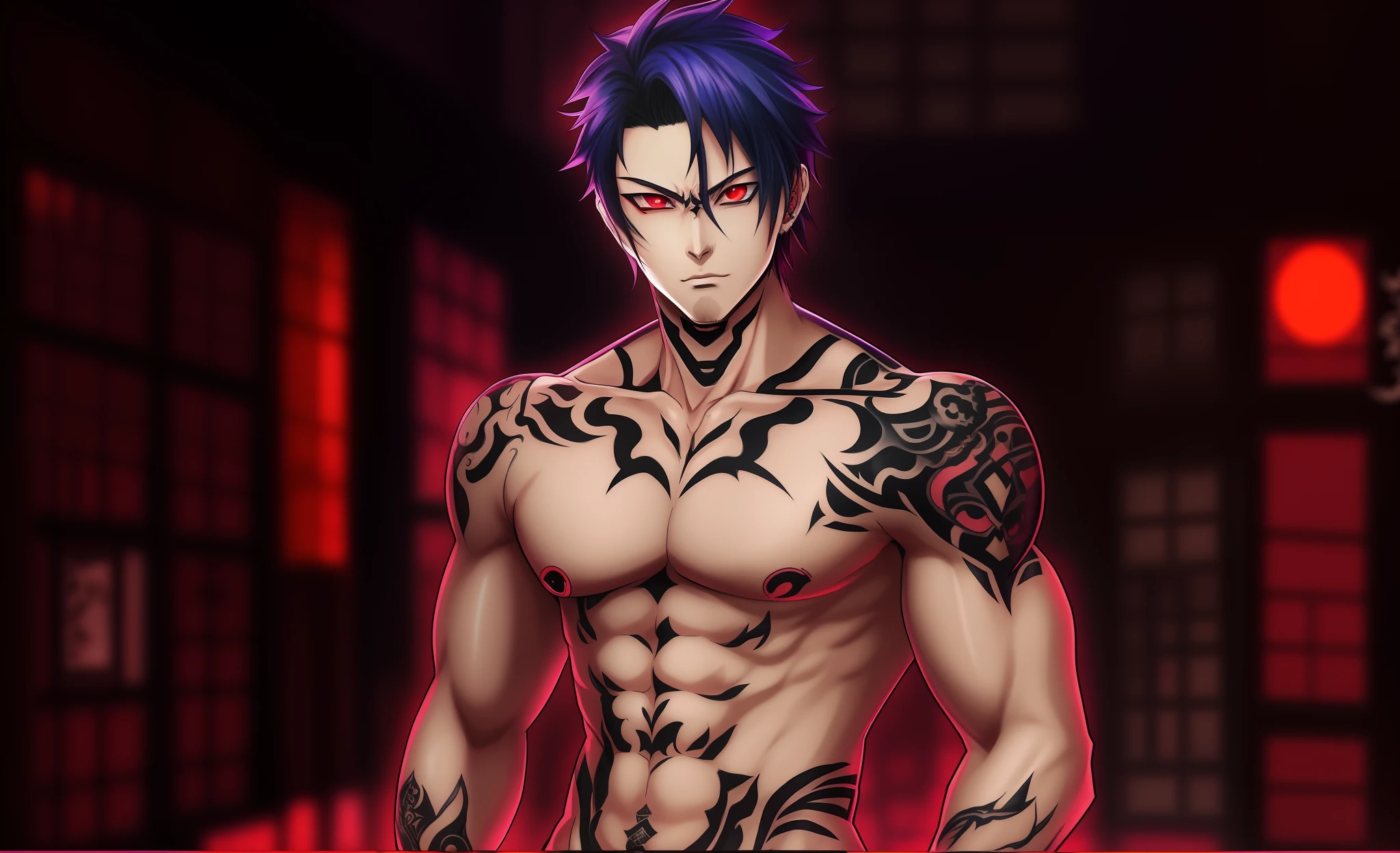 anime guy with tattoos and a tattoo on his chest, handsome japanese demon boy, anime handsome man, as a character in tekken, handsome guy in demon slayer art, male anime character, male anime style, handsome anime pose, trigger anime artstyle, inspired by Okumura Masanobu, anime man, kentaro miura manga art style