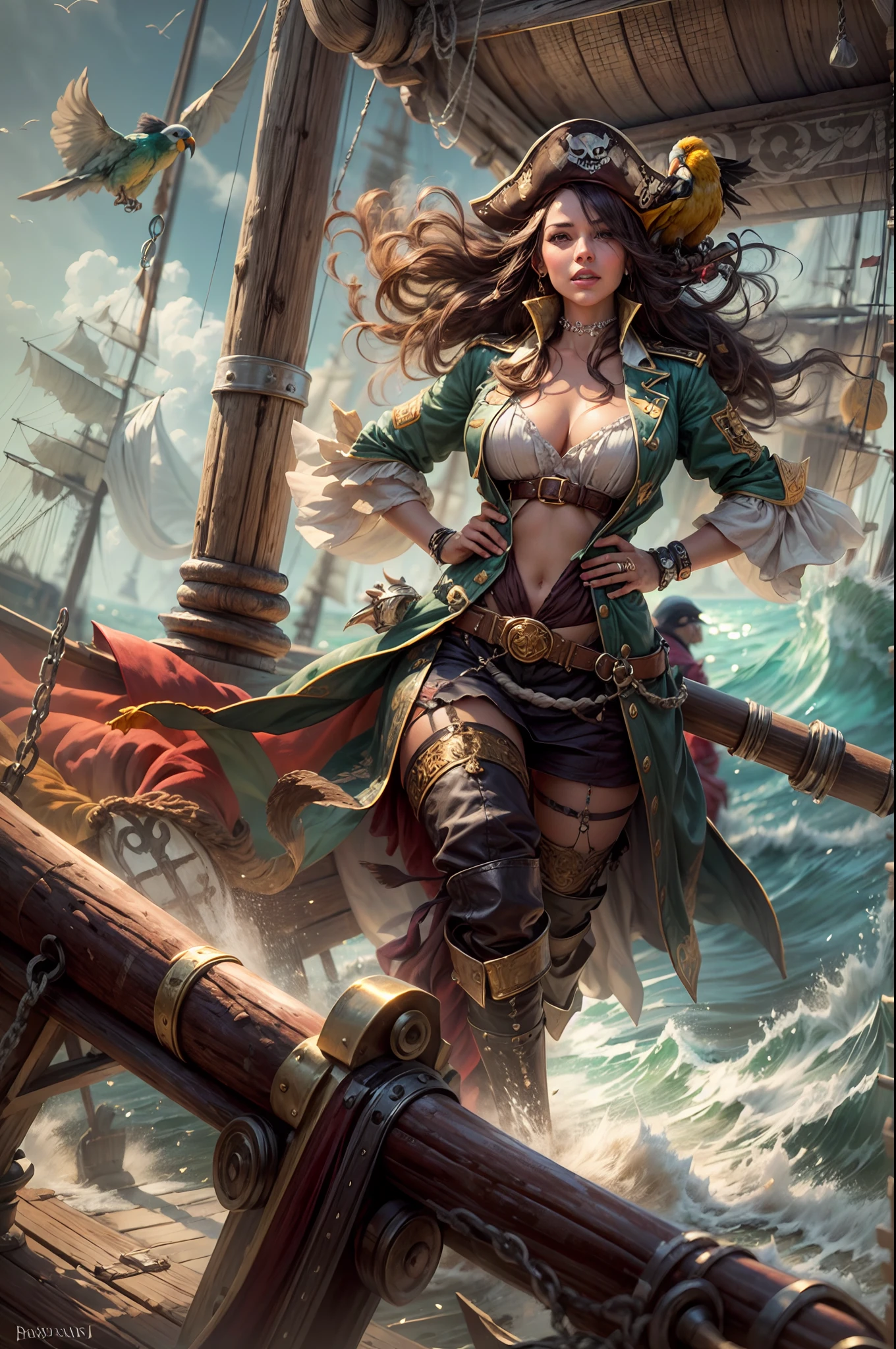 (best quality,4k,highres,masterpiece:1.2),ultra-detailed(realistic:1.37),oil painting,sea adventure,portrait,rich colors,harsh lighting,powerful atmosphere,pirate-themed,fierce expression,confident eyes,windswept hair,pirate captain with a commanding presence,ornate ship deck with intricate details,flag waving proudly in the wind,tattered sails,stormy sky,crashing waves,sparkling sea foam,golden sun reflecting off the water,smell of salt in the air,rum barrels stacked on the deck,treasure maps scattered around,wooden steering wheel,telescope peeking out from the crow's nest,crew members bustling about,parrots perched on the rigging,gold coins spilled on the ground,crimson sunset in the background,smoke rising from cannons,skull and crossbones symbol,ornate pirate costume adorned with jewels,dark and mysterious aura,powerful and confident pose,enticing and mischievous smile,ship's wheel in the background,sparkling gold accessories,ornate pirate hat with feathery plume,piercing gaze under the eye patch,playful glint in her eye,swinging from the ship's rigging,a riot of vibrant colors on her clothing and surroundings,the sound of laughter and adventure lingering in the air,an epic tale of piracy and bravery captured in a single painting.
