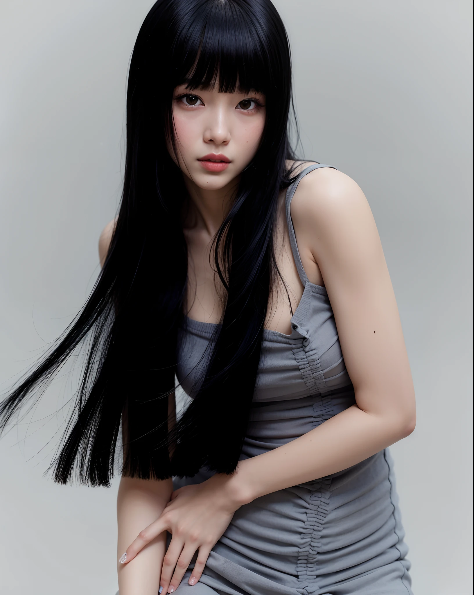 um close up de uma mulher com longos cabelos pretos posando para uma foto, cabelo preto longo com franja, Jingna Zhang, cabelos pretos longos e finos, preto hime corte cabelo, Sui Ishida com cabelo preto, cabelos escuros longos com franja, Franja reta longa, Ela tem cabelo preto com franja, cabelo comprido com franja completa, Asian girl with long hair
