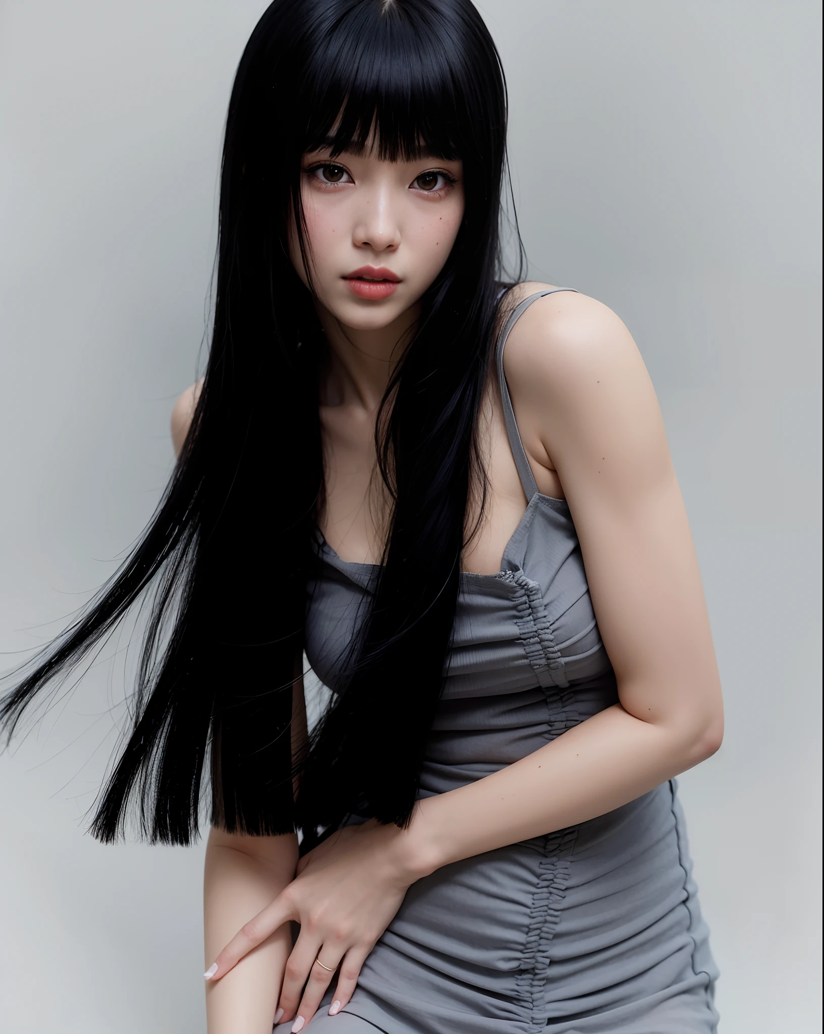 um close up de uma mulher com longos cabelos pretos posando para uma foto, cabelo preto longo com franja, Jingna Zhang, cabelos pretos longos e finos, preto hime corte cabelo, Sui Ishida com cabelo preto, cabelos escuros longos com franja, Franja reta longa, Ela tem cabelo preto com franja, cabelo comprido com franja completa, Asian girl with long hair