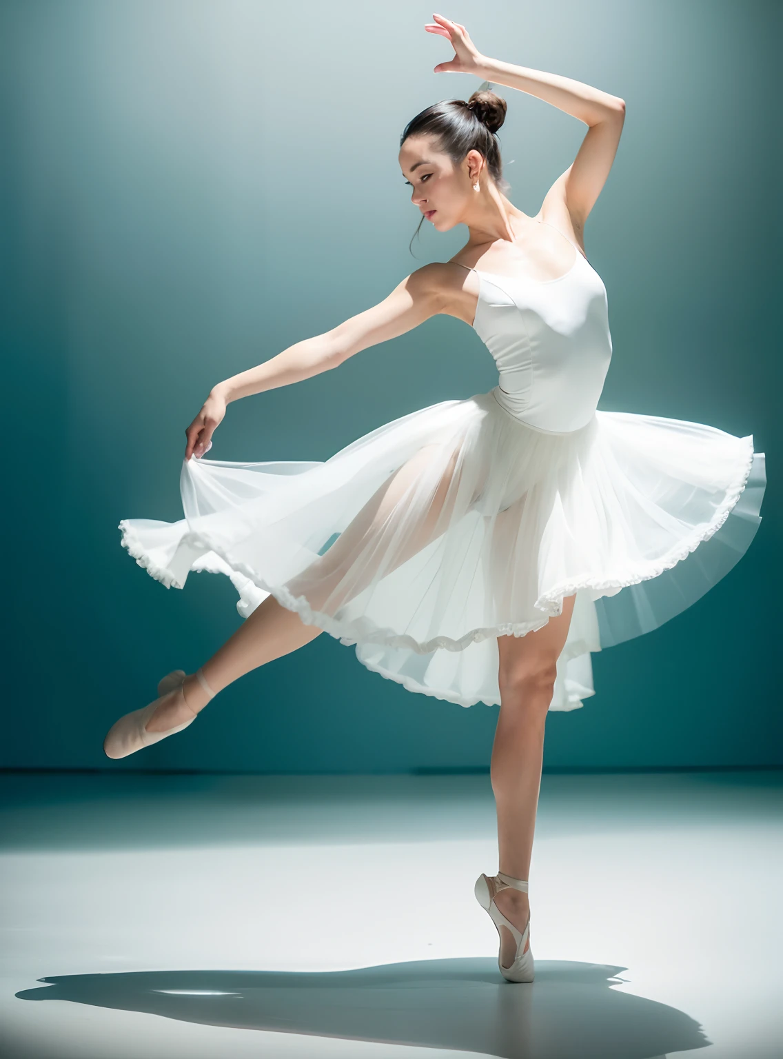 Arafed image of a woman in a white dress is dancing, dancing gracefully, bailarino, estrutura corporal graciosa, pointè pose, contemporary dance, Pose de dica, contemporary dance poses, bonito e gracioso, menina graciosa, modern dance aesthetic, Poses de Ponta, peaceful and graceful, Pose tensa, elegante e gracioso, ballet pose, Ballet style pose, bailarina