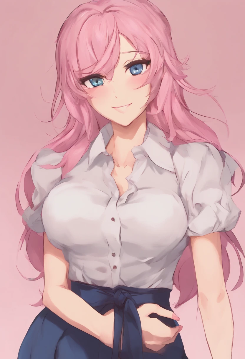 ((Masterpiece, Best)), (1girll), (Mature woman), Light pink hair, Open Chest Temptation, flared, (Office Lady), bangs, Big breasts, Glasses lady, (full), Slim, Smile, [Wide hips], Office, standing, Understood  (blue file), 8K picture quality, Sexy seduction, (Open-chest suit)