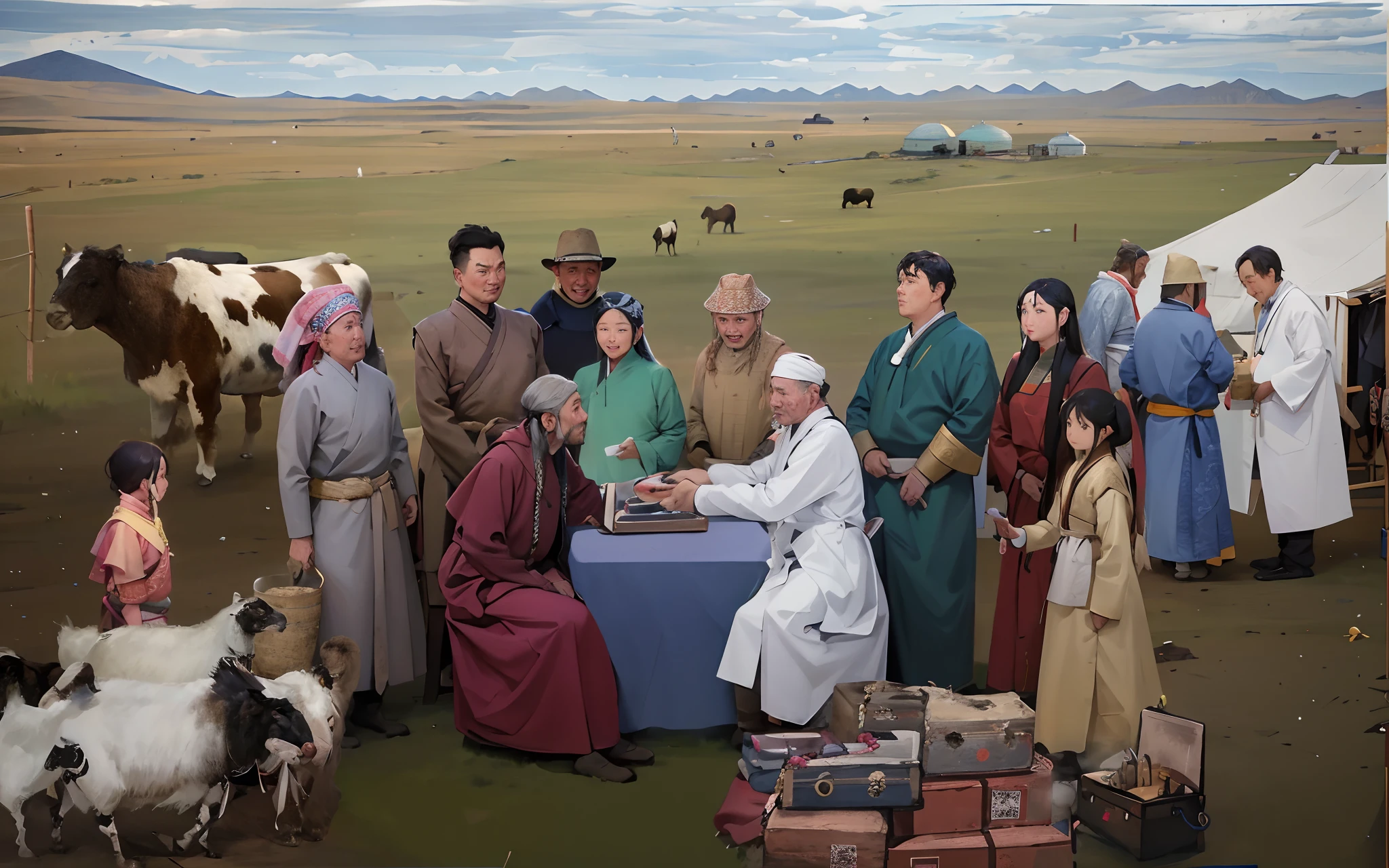 Painting of a group of people standing at a table, ssmile，ancient mongolian elon musk, Mongolia, sci - fi mongolian village, In the steppe,