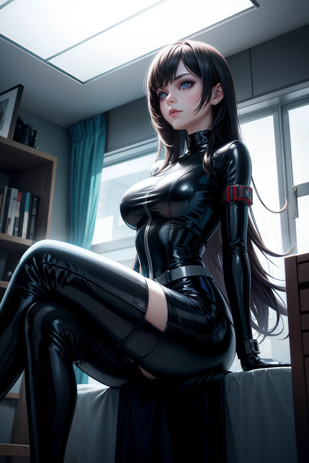 solo, super fine photo, portrait digital art Unreal Engine 5 8K UHD of a girl, concept art, character concept design, fetish clothing, rubber clothes, wearing cyan latex bodysuit with straps and belts, long white latex gloves with straps, latex high heels, long hair, joy face, cyberpunk fashion design, sitting in a bedroom, night time background, best quality, masterpiece, super detailed, sharp focus, female pose