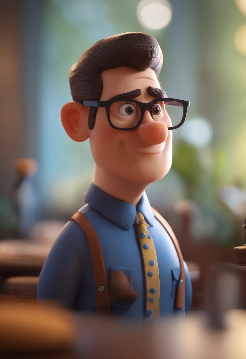 Cartoon character of a man with black glasses and a blue shirt, animation character, Caractere estilizado, animation style rendering, 3D estilizado, Arnold Maya render, 3 d render stylized, toon render keyshot, Personagem 3D, Personagem 3D, 3d rendering stylized, 3 d character render, personagem de desenho animado, Personagem de close up, Pose de personagem,  (Estilo Pixar) (master part:1.2) (Bokeh) (best quality) (pele detalhada) (textura detalhada) (8k) (argila) (Cinematic lighting) (foco nítido