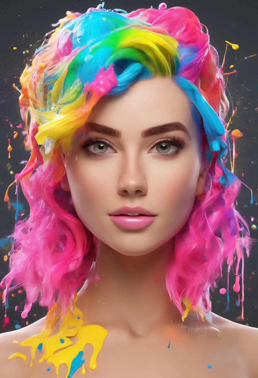 (Obra-prima, melhor qualidade, alta resolução), fundo branco, ((Paint splash, Color splash, Splash of Ink, Color splash)), Sweet american Girl, Rainbow Hair, Pink Lips, Frente, Parte superior do corpo, Camera in hand