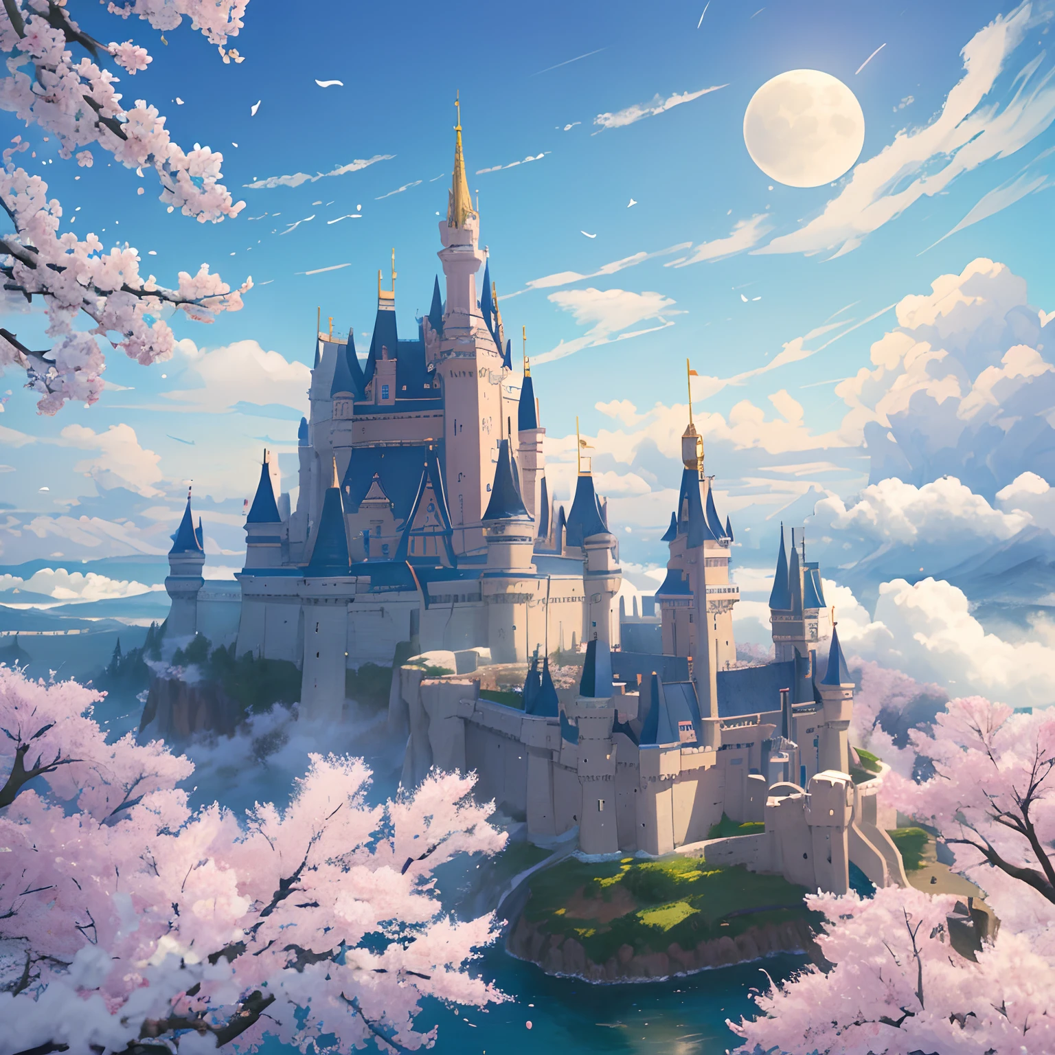 ​masterpiece、hightquality、Realistic、landscape shot、life-like、A detailed、Like the photo、Castle shining in the sky、Castle of the God of the Sky、Castle in the Sky、Flying Castle、Castle of Glory、Castle above the clouds、The cherry tree々A lush castle surrounded by、Sakura blizzard、Falling waterfall、a moon