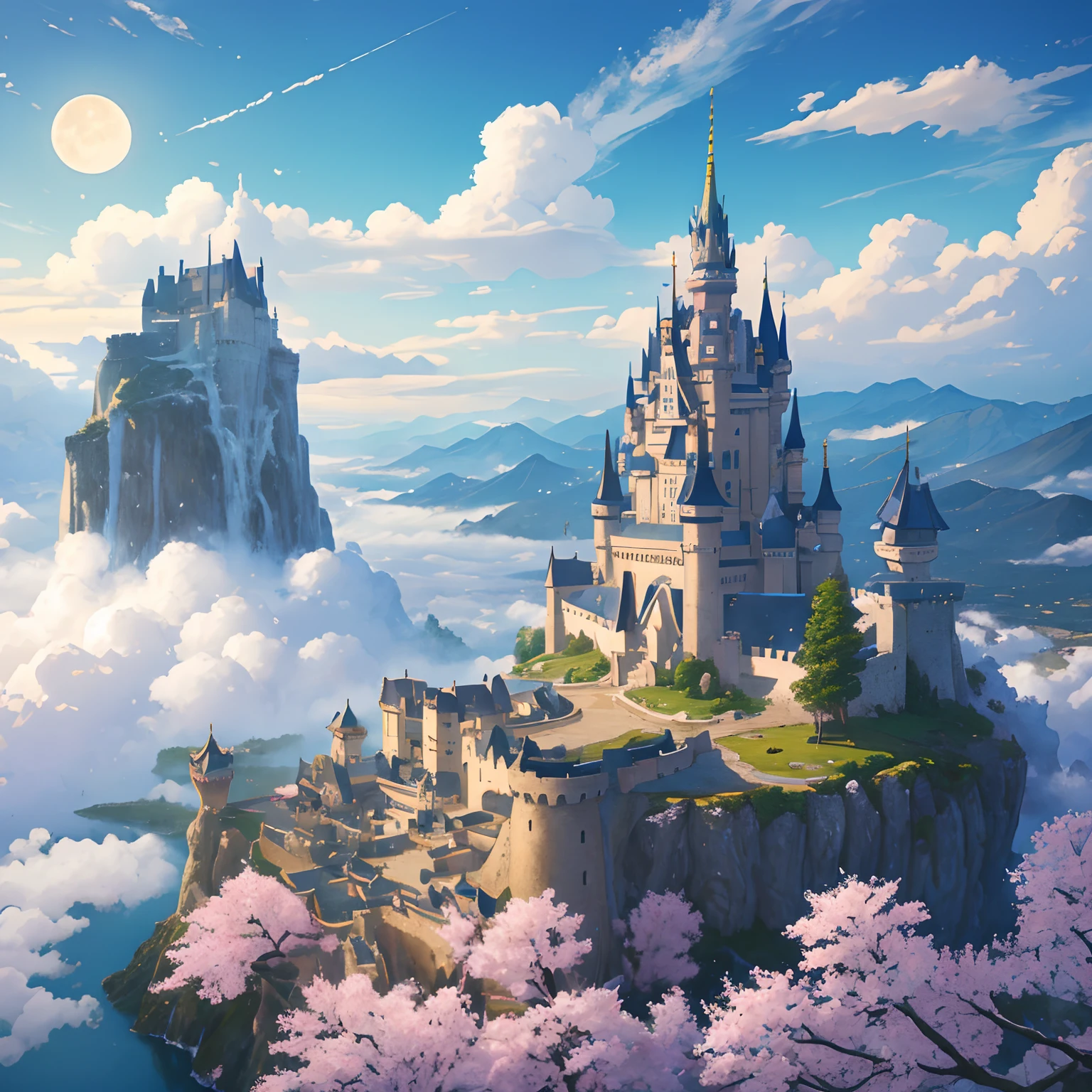 masterpiece、hightquality、Realistic、landscape shot、life-like、A detailed、Like the photo、Castle shining in the sky、Castle of the God of the Sky、Castle in the Sky、Flying Castle、Castle of Glory、Castle above the clouds、The cherry tree々A lush castle surrounded by、Sakura blizzard、Falling waterfall、a moon