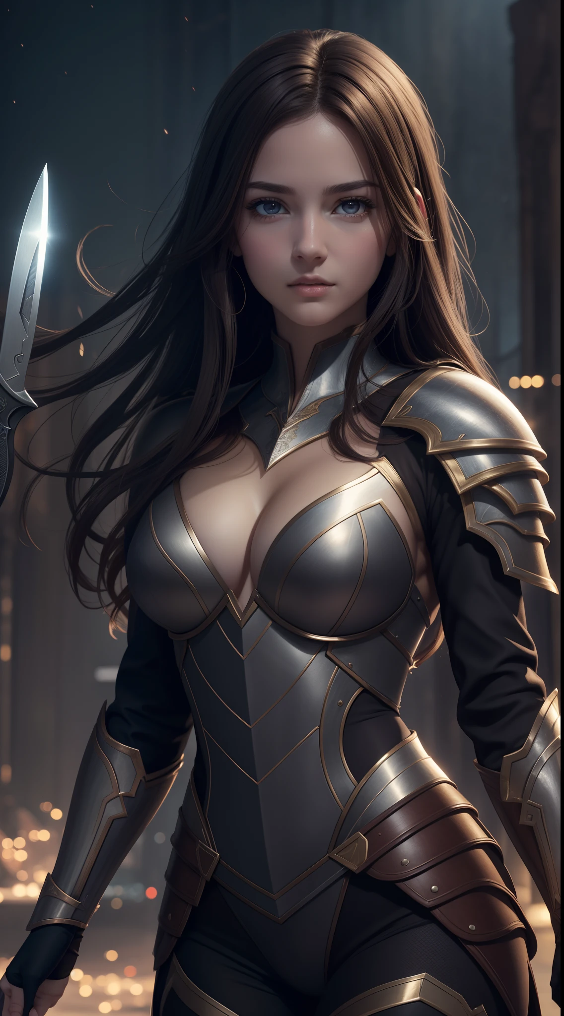 Realistic lighting, Top Quority, 8K Resolution, (masterpiece: 1.3), (Clear focus: 1.2),1 Girl, delicate face, big double eyelids, Sexy expression, Body perfect anatomy, (perfect body: 1.6), (large chest 1.7), long and dark brown hair, (best chest: 1.8), armor, long knife, magia, exterior, (night: 1.1 ),1080p, hyper HD, textureskin, super detailed, best quality, high detail, highest quality.