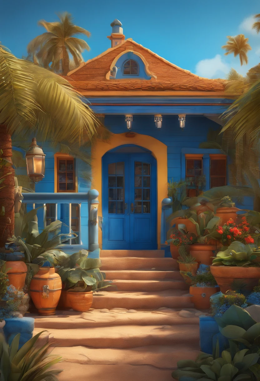 Pixar 3D style drawing of an inn with the name Hostel Recanto da Paciência, com cores vermelho, azul claro, azul escuro, amarelo e laranja perto da praia.