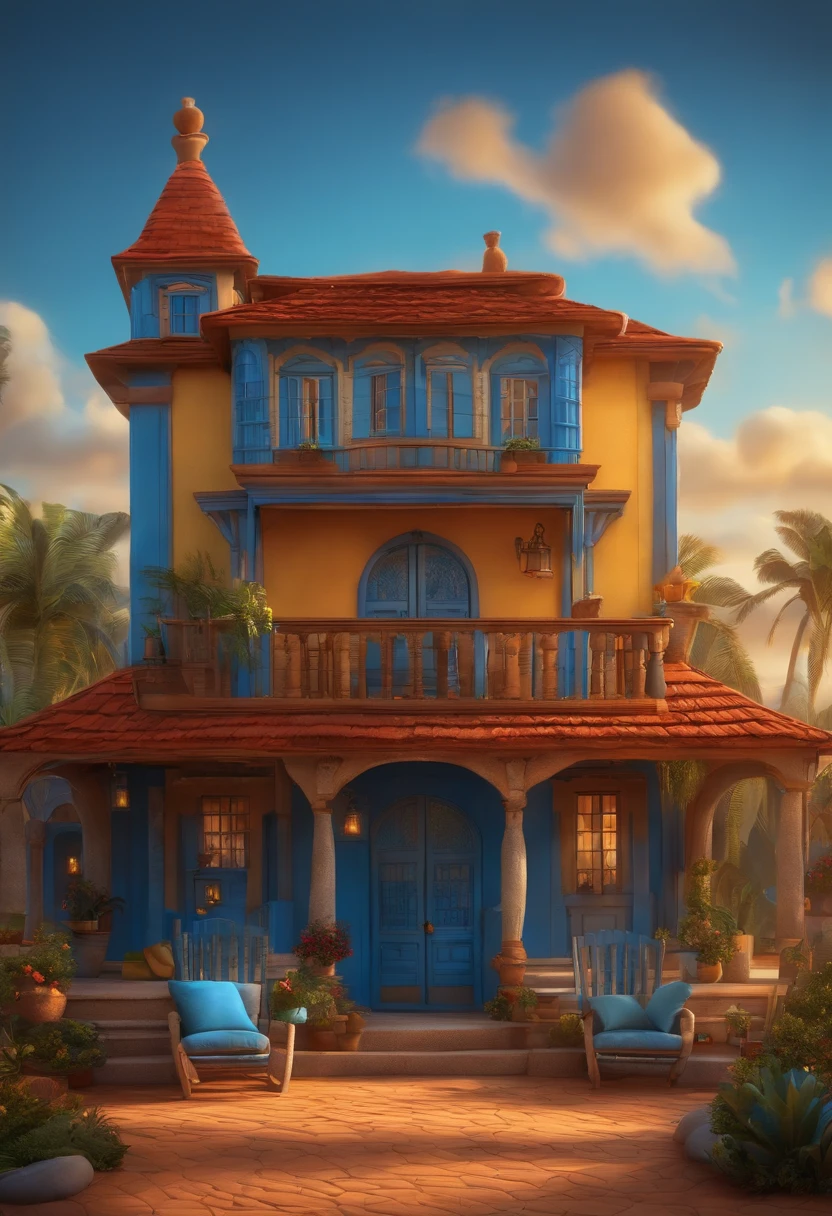 Pixar 3D style drawing of an inn with the name Hostel Recanto da Paciência, com cores vermelho, azul claro, azul escuro, amarelo e laranja perto da praia.