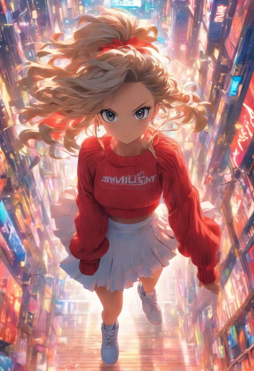 Masterpiece, Best quality, Genni, shairband, Red sweater, Frilled white skirt, Sneakers, standing, view the viewer