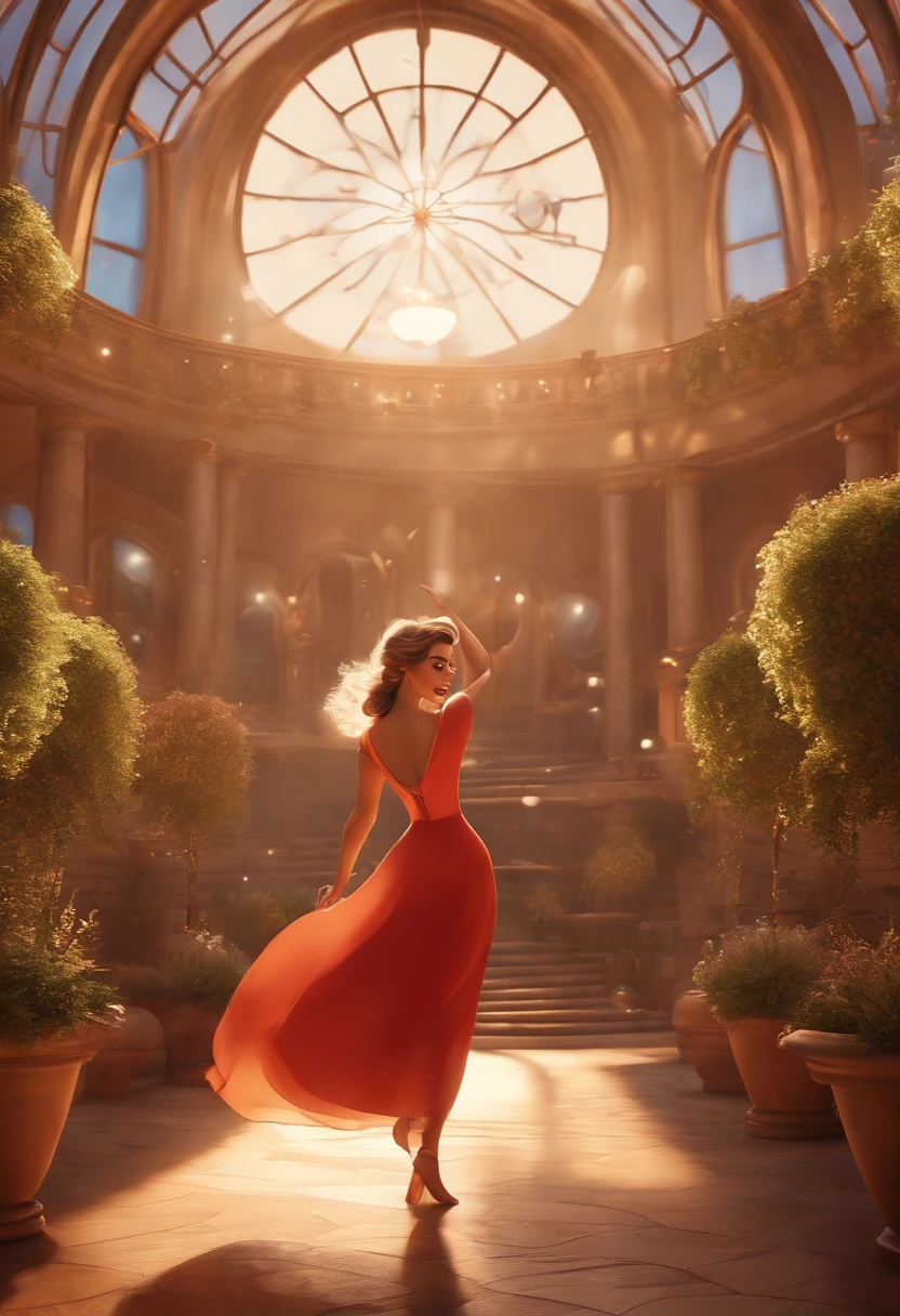 "(best quality,ultra-detalhado,Realistic:1.37),3D rendering,illustration,design de personagens,cabelos curtos e cacheados escuros,belos olhos detalhados,wearing white glasses,Estilo Pixar,morena mulher,Dancing on the Disney stage,atmosfera animada,vivid colors,luzes de palco,expression joyful"