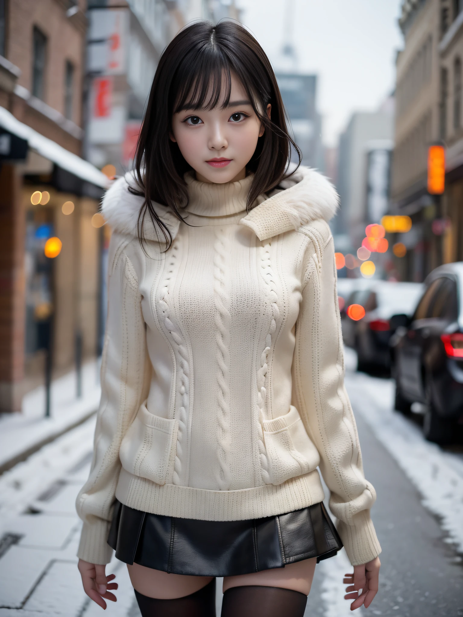 masutepiece、top-quality、((20 years girl、独奏、Beautiful detailed girl))、Smile、Black Shorthair、Highly detailed eyes and face、Beautiful detailed eyes、radiant eyes、with round face、Well-formed and cute face:1.1、small head、hight resolution、A highly detailed、sexy pose、Illustration、super detailing、masutepiece、fur-coat、Wearing a sweater、Black miniskirt、Light Black Tights、(large full breasts:1.2、A slender)、Photograph the whole body、snowscape、In the street、Blur the background、tre anatomically correct