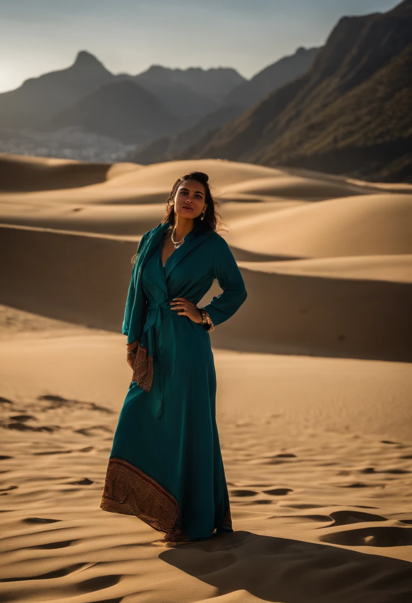 A young woman from the windy coast cold coat with head cover showing her almost shadow from afar Silver sloop g3 lowered in the Sahara desert with a mountain in the background, no fundo da imagem o cristo redentor do rio de janeiro. dia chuvoso, nuvens, raios.