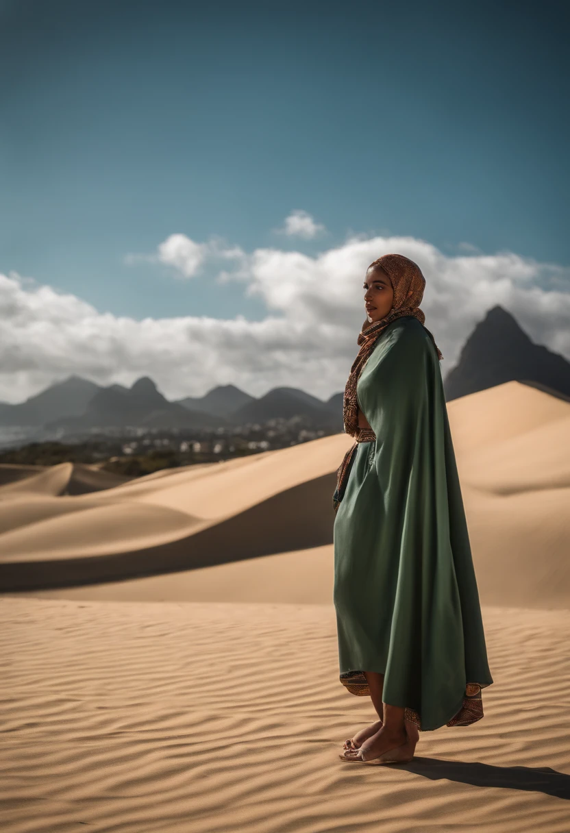 A young woman from the windy coast cold coat with head cover showing her almost shadow from afar Silver sloop g3 lowered in the Sahara desert with a mountain in the background, no fundo da imagem o cristo redentor do rio de janeiro. dia chuvoso, nuvens, raios.