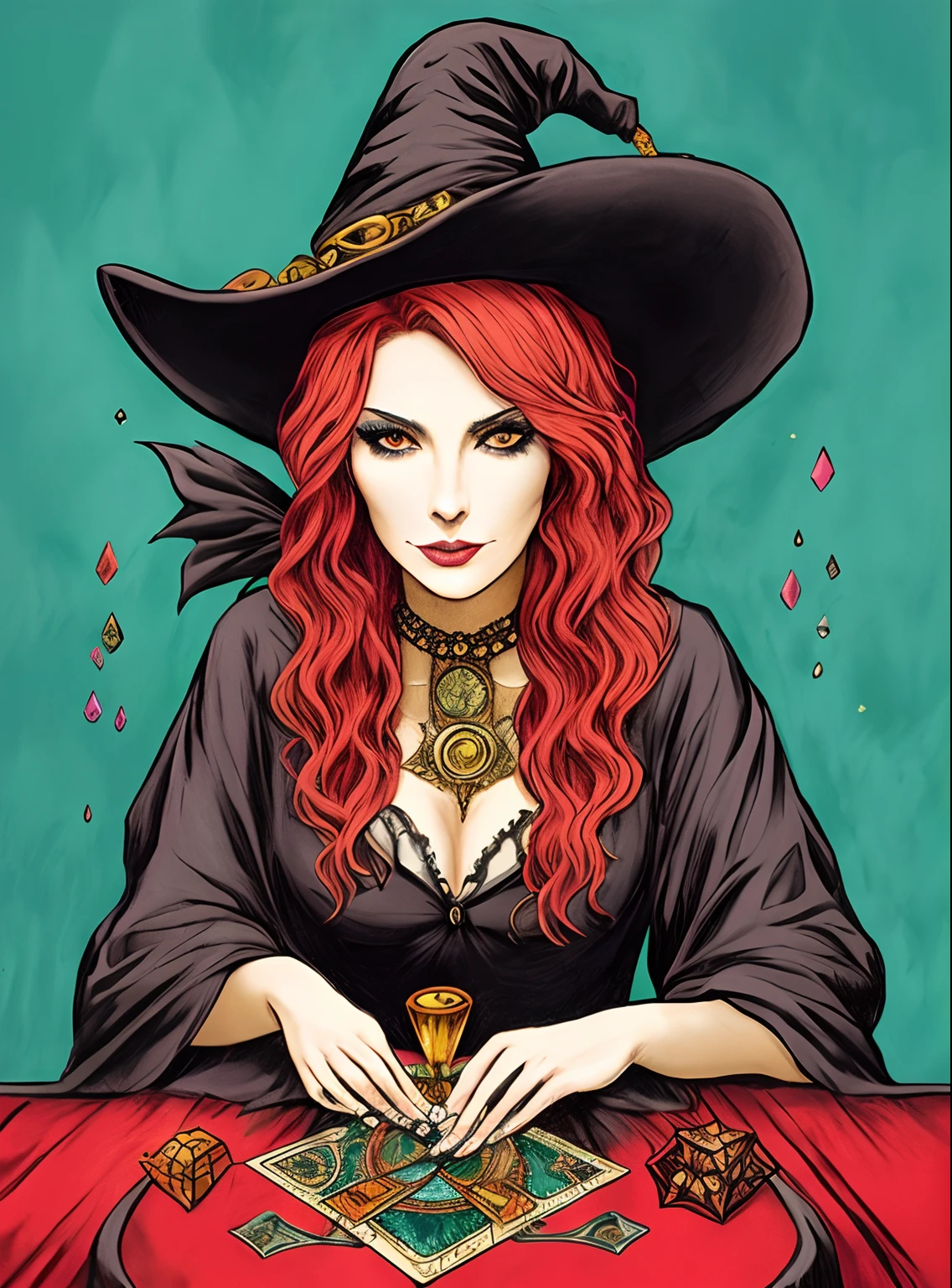 A witch with red hair and tarot cards and a crystal