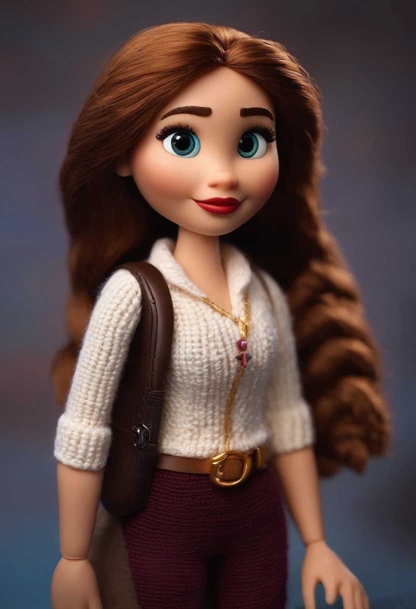 Pixar style image with 3D character eyepiece brunette woman long straight hair dark blonde color short,segurando um amigurumi, Maquiagem Disney, Artisan, bonitinho, sorridente ,Close-up, Pixar, Disney, Cinema lighting,