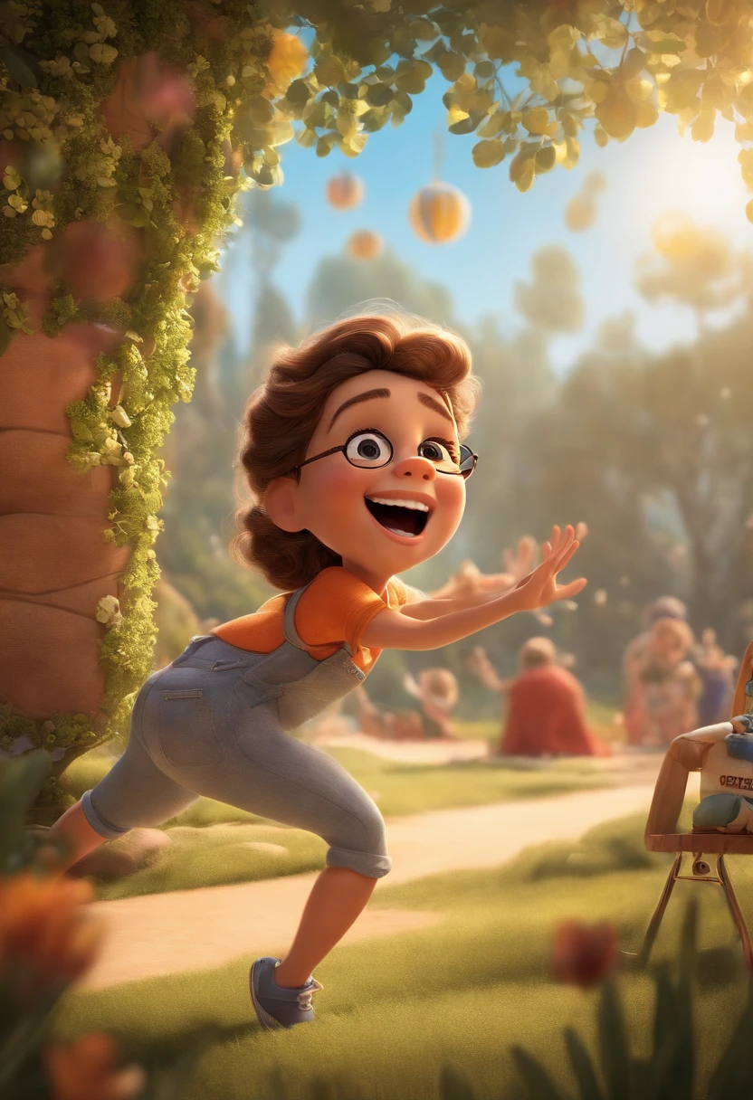 "(best quality,ultra-detalhado,Realistic:1.37),3D rendering,illustration,design de personagens,cabelos curtos e cacheados escuros,belos olhos detalhados,wearing white glasses,Estilo Pixar,morena mulher,Dancing on the Disney stage,atmosfera animada,vivid colors,luzes de palco,expression joyful"