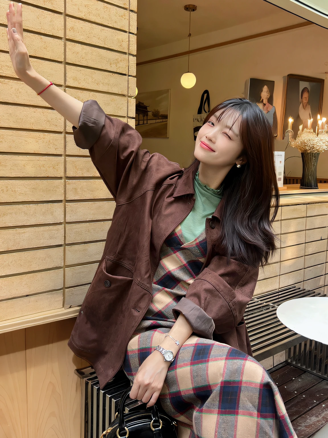 Sit next to a metal cabinet,There are some documents and materials in the cabinet,The model holds a piece of paper in her hand,Looks focused