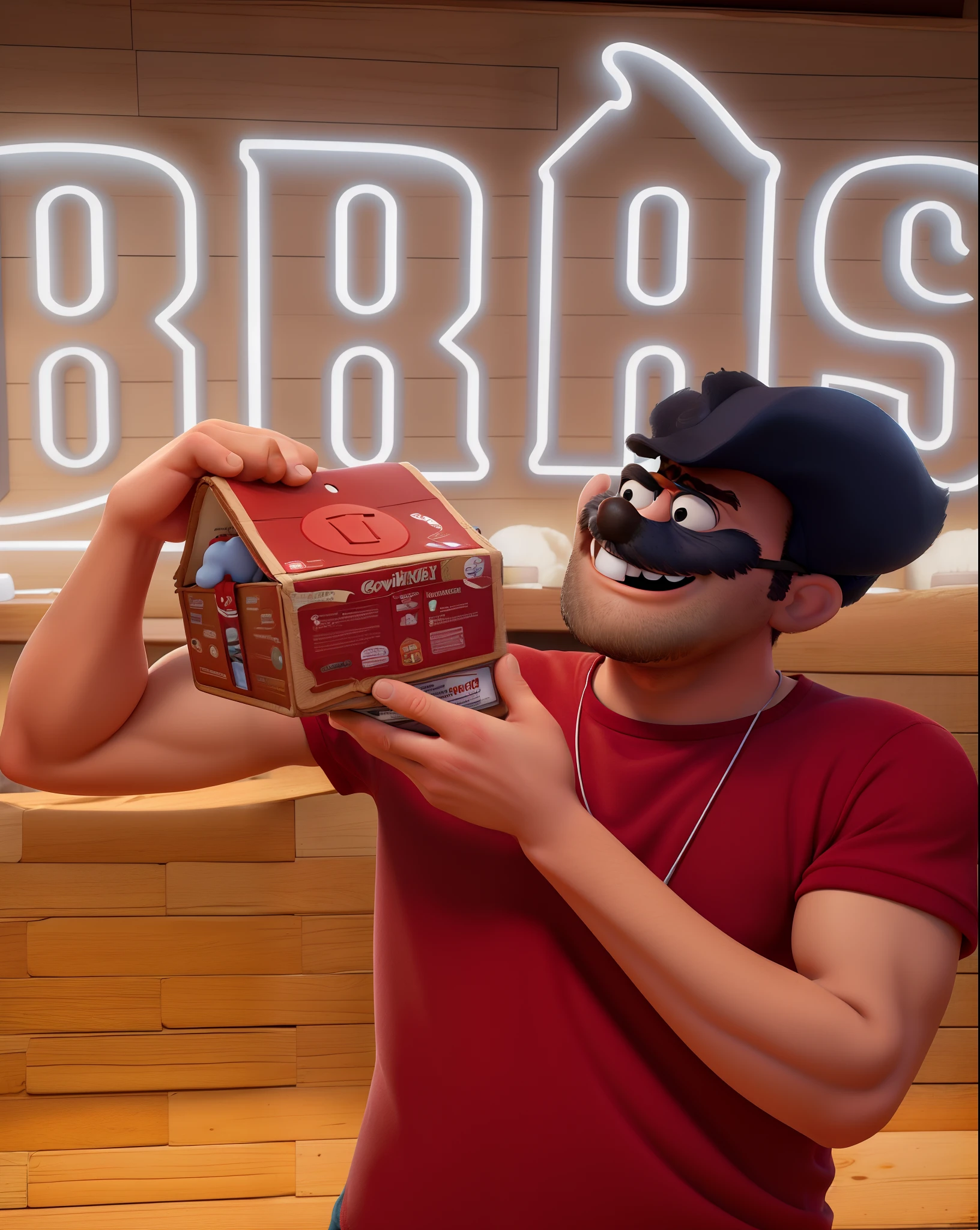 Um homem branco estilo disney pixar, alta qualidade,  melhor qualidade,  segurando uma caixa surpresa cor vermelha, em uma hamburgueria artesanal