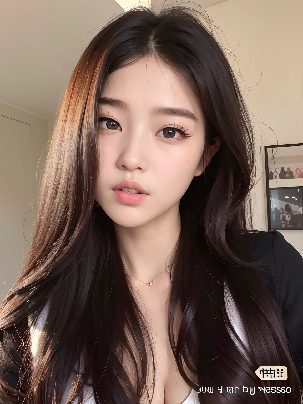 um close up de uma mulher com cabelos longos vestindo uma camisa branca, maquiagem coreana popular, maquiagem sul-coreana popular, Mulher sul-coreana bonita, young adorable korean face, linda mulher coreana jovem, mulher coreana jovem bonita, ****** coreana, korean face features, Ulzzang, beautiful aesthetic face, wan adorable korean face, south east asian with round face