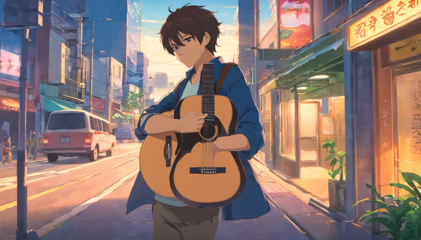 um menino, homem , acoustic guitar, em uma cidade americana, com uma paisagem escura e um pouco sombria.